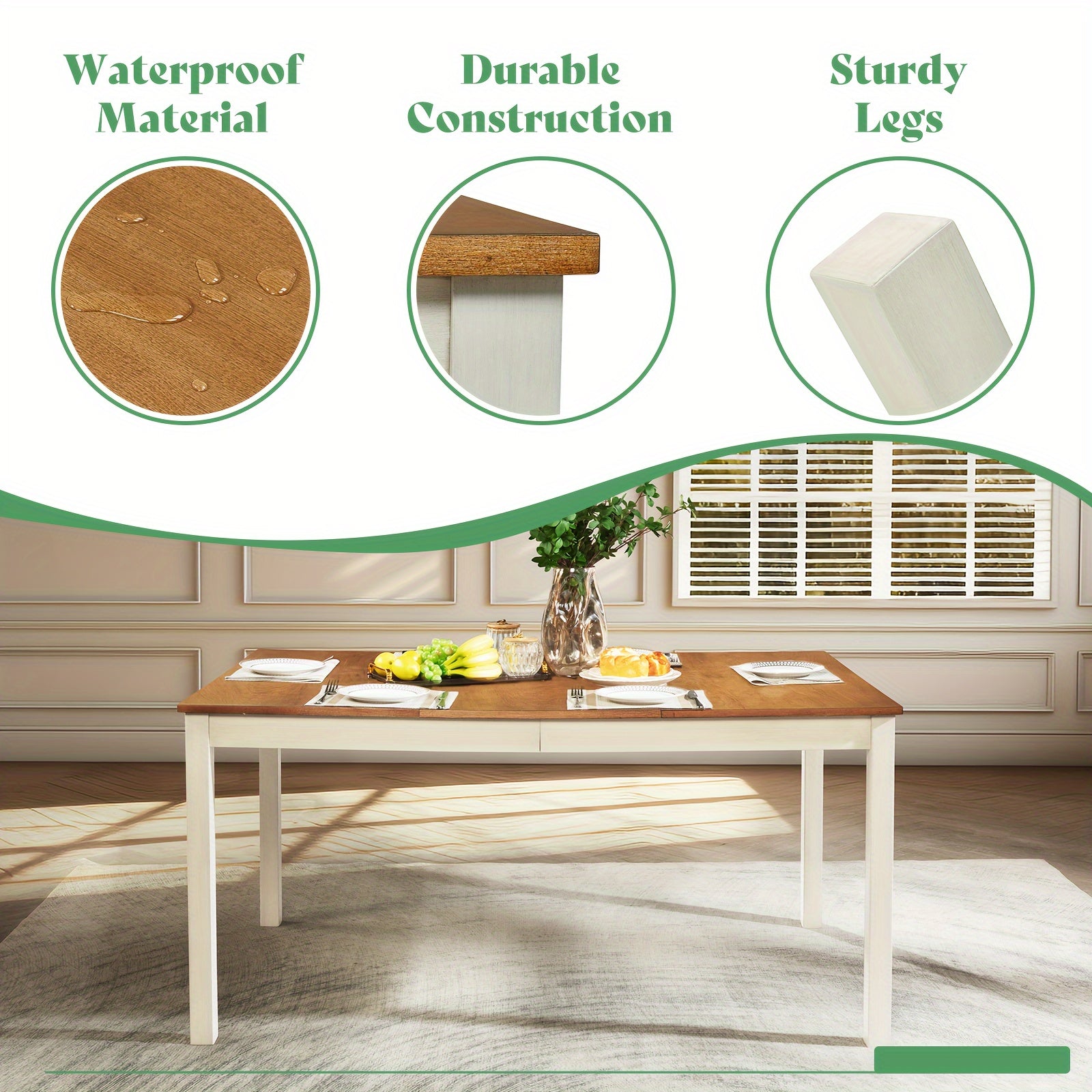 7-Piece Farmhouse Dining Set – 60" Solid Wood Dining Table with 6 Upholstered Chairs, Rustic Kitchen & Dining Room Furniture