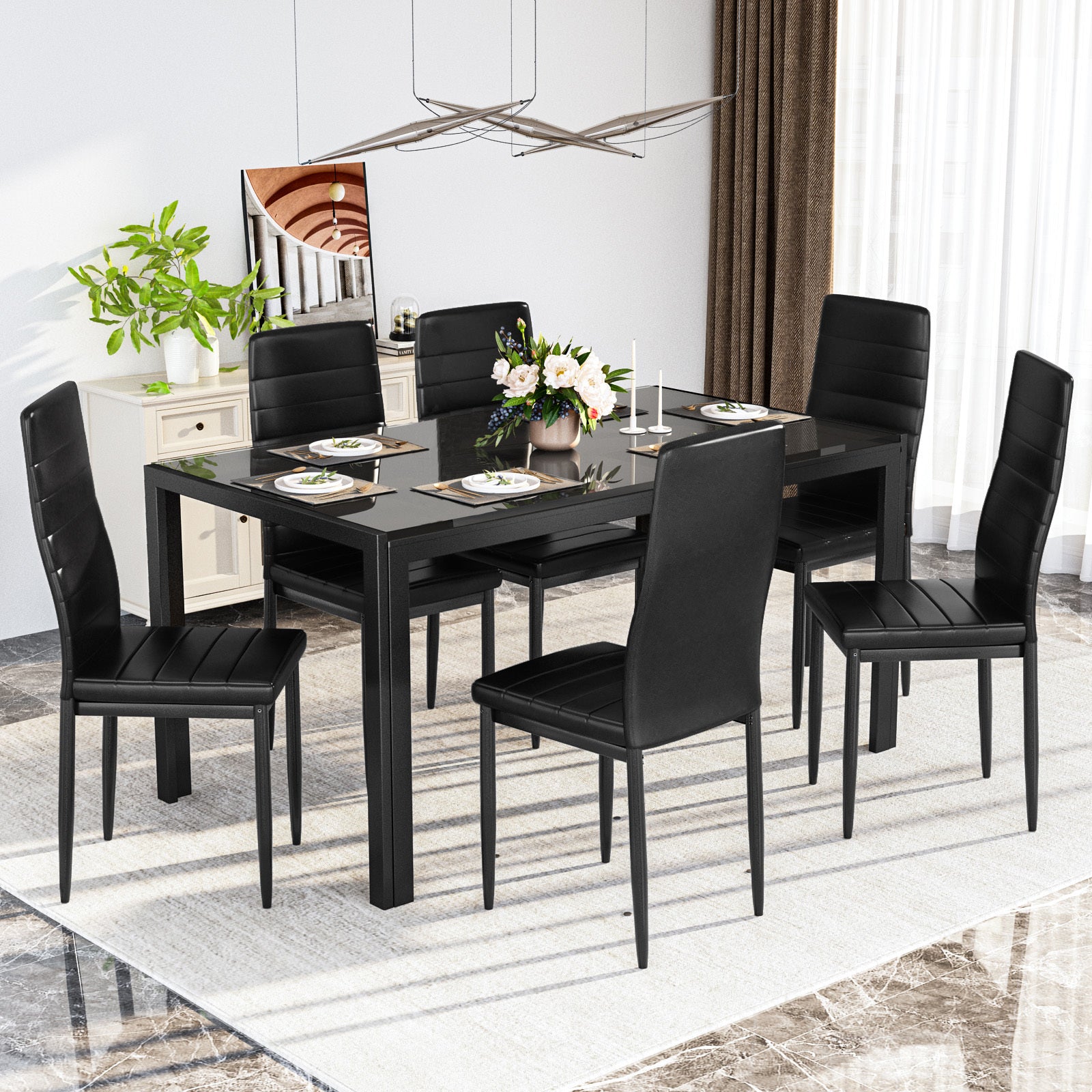 7-Piece Modern Glass Dining Table Set for 6 – PU Leather Chairs, Tempered Glass Top for Kitchen, Dining Room or Apartment