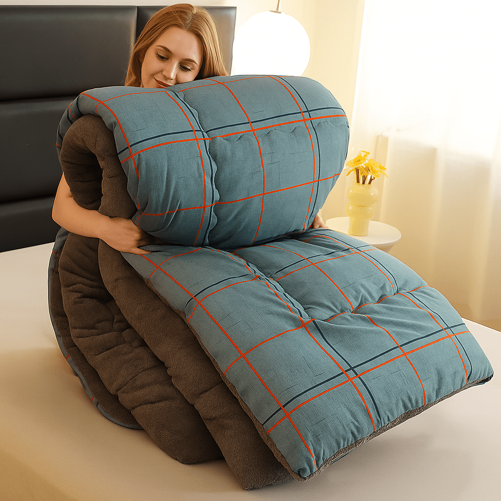 Plush Thick Winter Quilt – Soft Milk Velvet Blue Plaid Comforter, Extra Warm All-Season Bedding for Bedroom & Dorm, Machine Washable, Contemporary Geometric Design