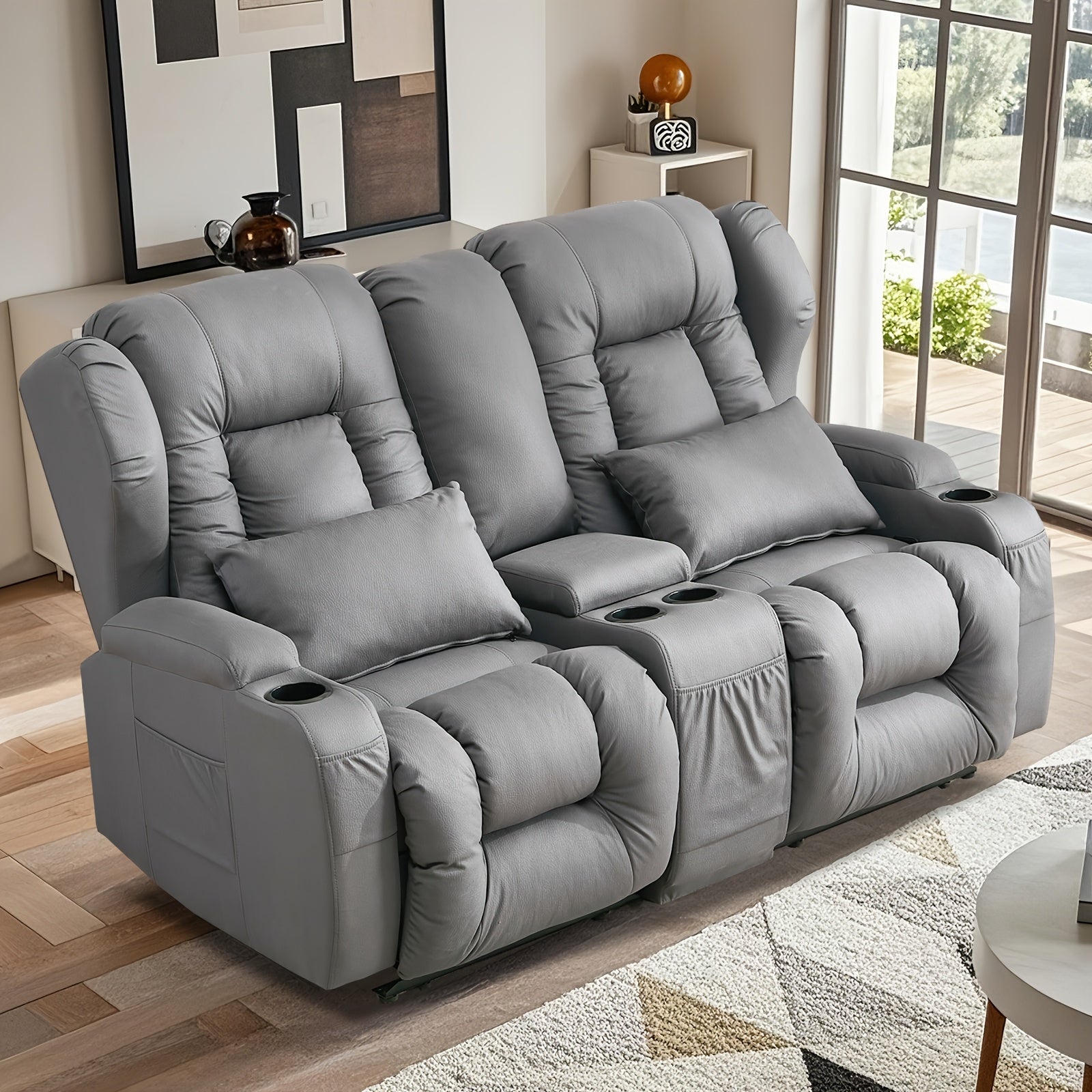 Brown Contemporary Faux Leather 2-Seater Loveseat Recliner Sofa with Console Storage, 4 Cup Holders & Side Pockets, Manual Reclining Home Theater Seating for Living Room or RV, Manual Recliner | Plush 2Seater | Luxury Comfort
