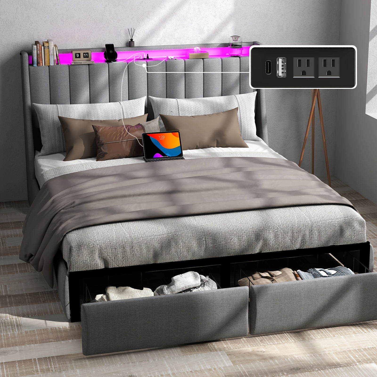 Full/Queen/King Upholstered Platform Bed Frame with LED Lights, 2 Storage Drawers, Charging Station & Button-Tufted Wingback Headboard – Dark Gray
