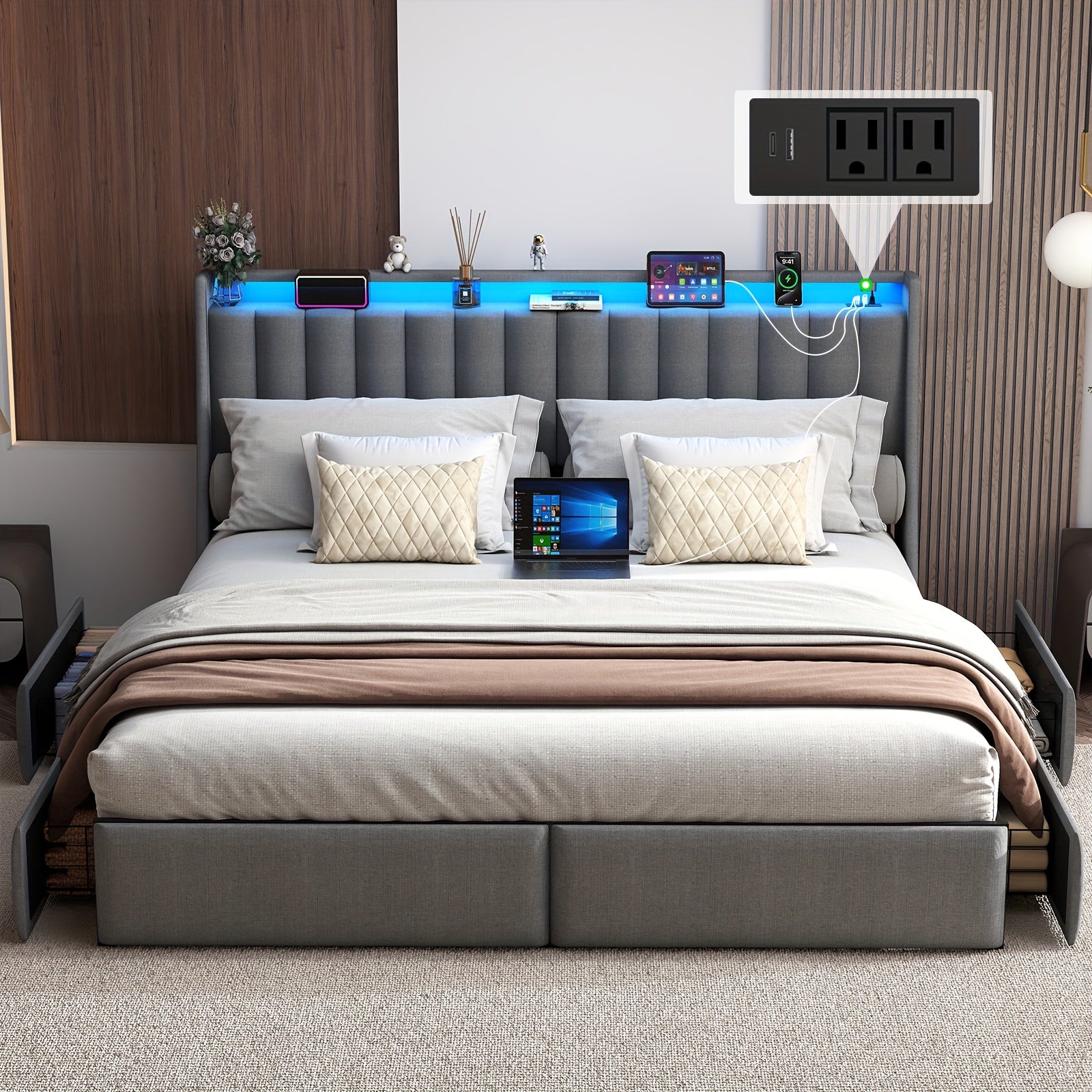 Full/Queen/King Upholstered Platform Bed Frame with LED Lights, 2 Storage Drawers, Charging Station & Button-Tufted Wingback Headboard – Dark Gray