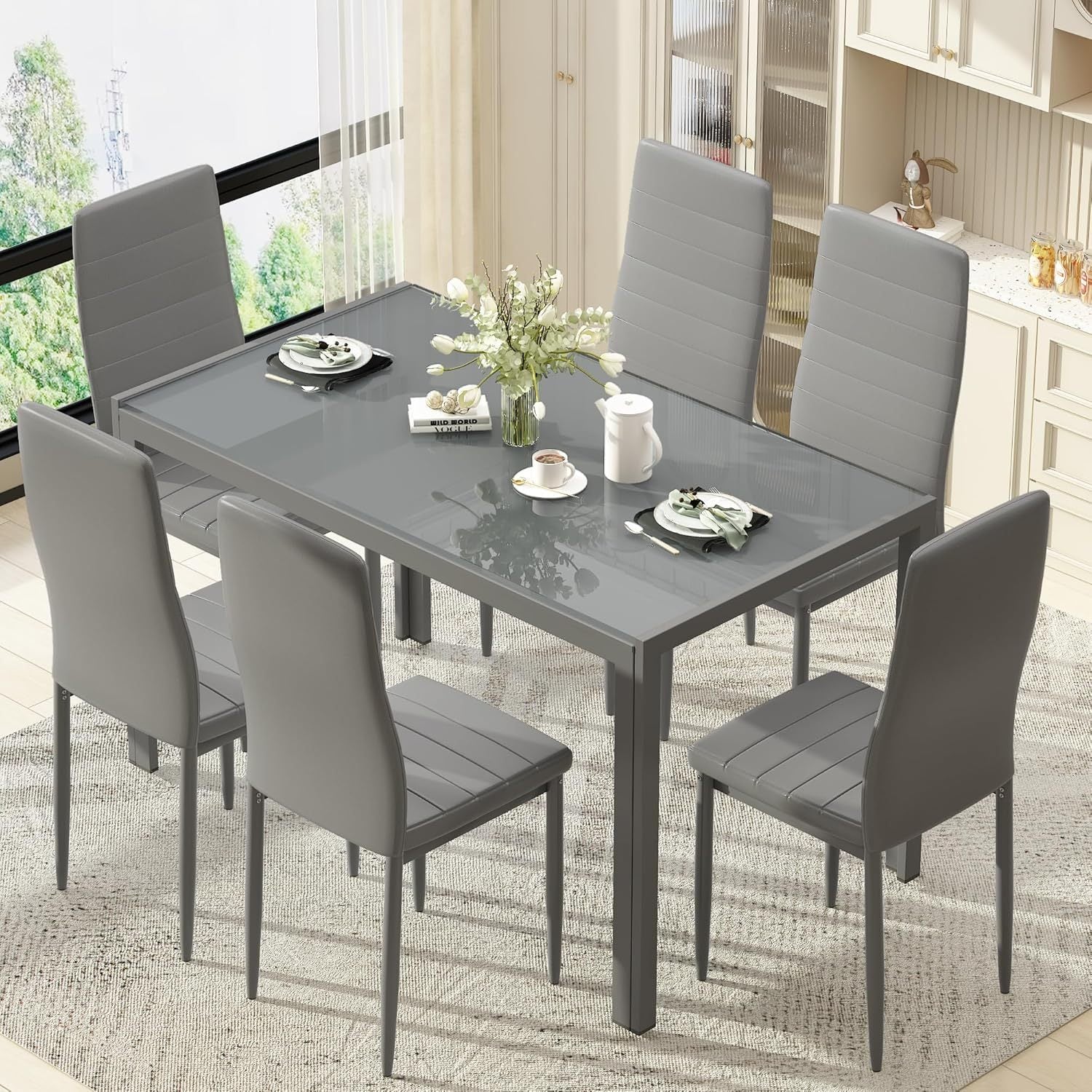 7-Piece Modern Glass Dining Table Set for 6 – PU Leather Chairs, Tempered Glass Top for Kitchen, Dining Room or Apartment
