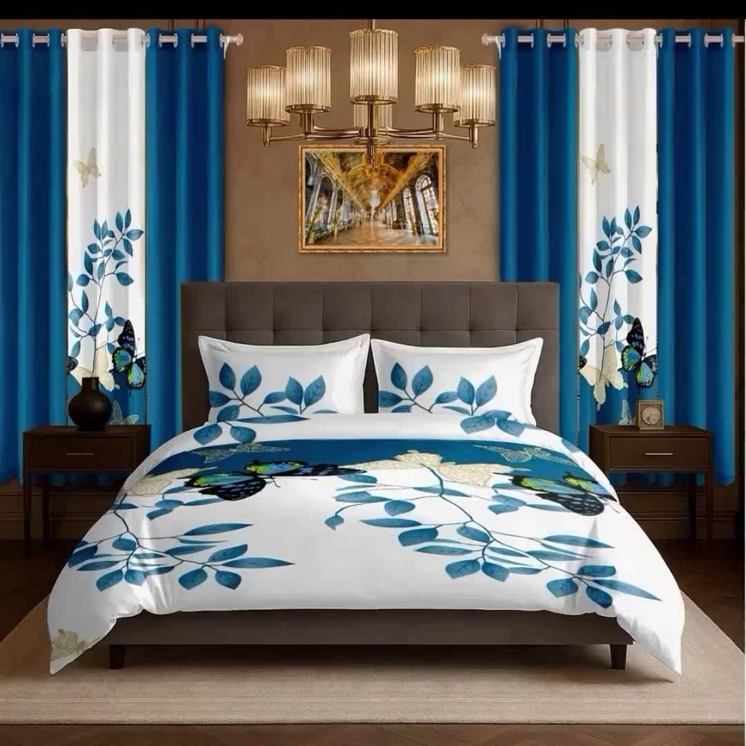 9pcs Boho Comforter Bedspread with Curtains, Brown Tribal & Blue Butterfly Bedding Set, Includes 1 Bedspread 2 Pillowcases And 6 Curtains.Queen/King/Cal King Size.Soft Breathable, Easy Care.Filling Inside.Mega.Ideal Gift for
