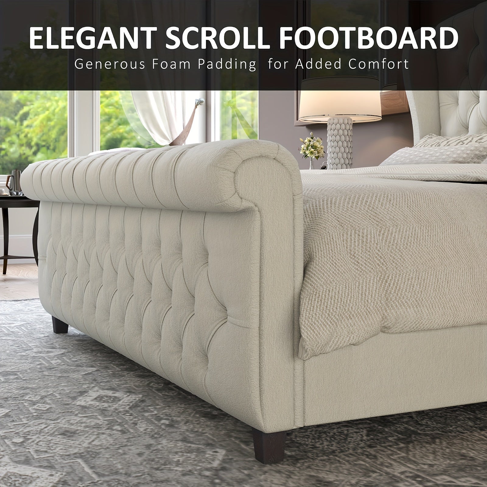 Chenille Upholstered Sleigh Platform Bed Frame – Scroll Wingback Headboard & Footboard with Button Tufted Design, No Box Spring Required