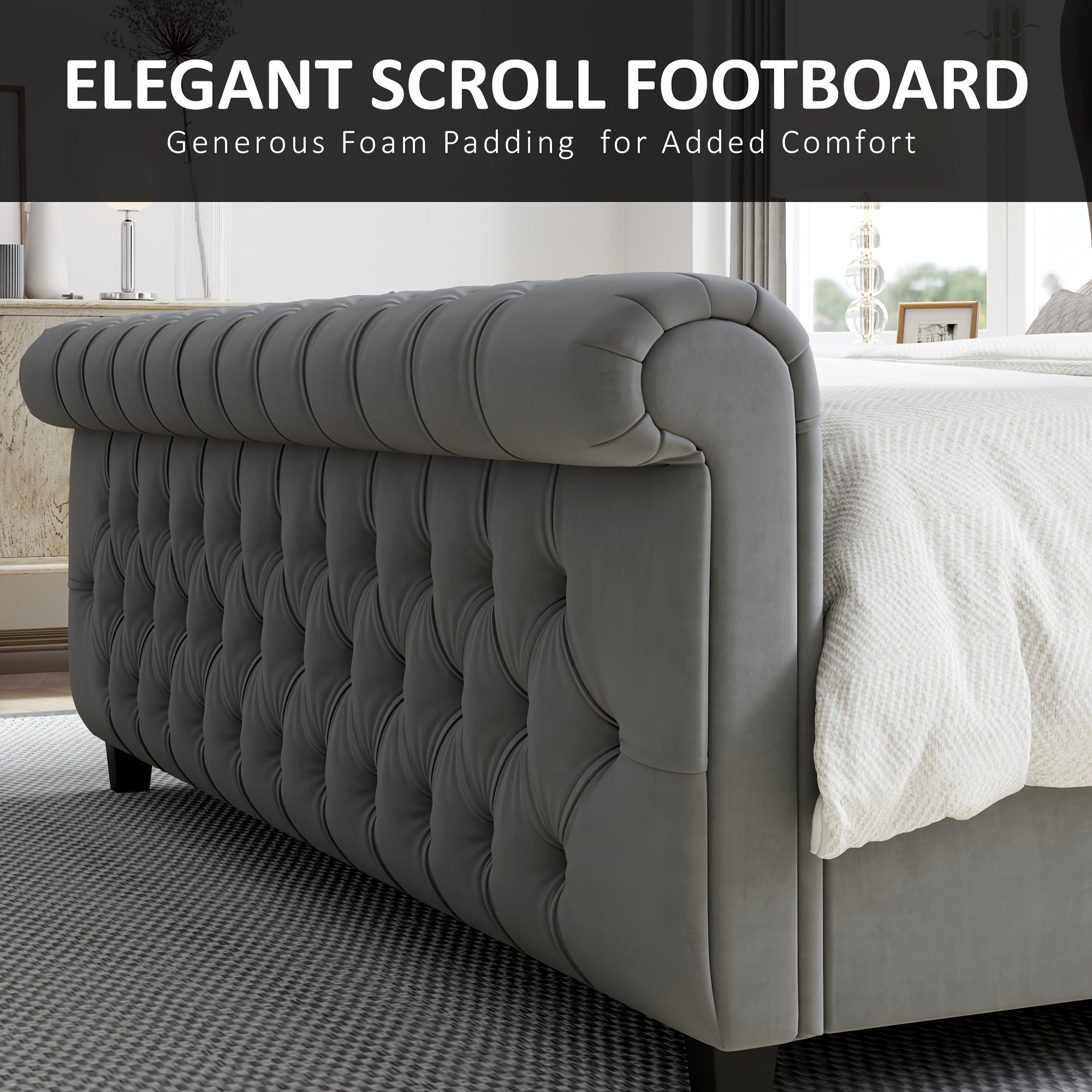 Chenille Upholstered Sleigh Platform Bed Frame – Scroll Wingback Headboard & Footboard with Button Tufted Design, No Box Spring Required