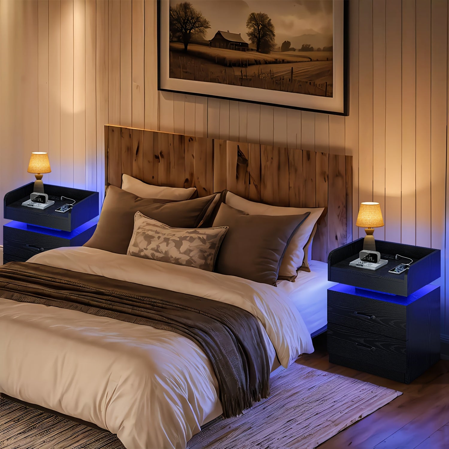 1PC & 2PCS LED Nightstand with Charging Station – Modern Black/White Bedside Table with 2 Drawers, Smart Side Table for Bedroom & Living Room