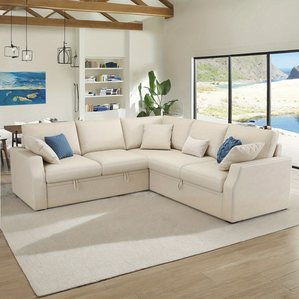 85-Inch L-Shaped Sofa Bed with Pull-Out Mattress and Storage Seating, Linen Fabric Corner Sectional Suitable for Living Rooms and Apartments