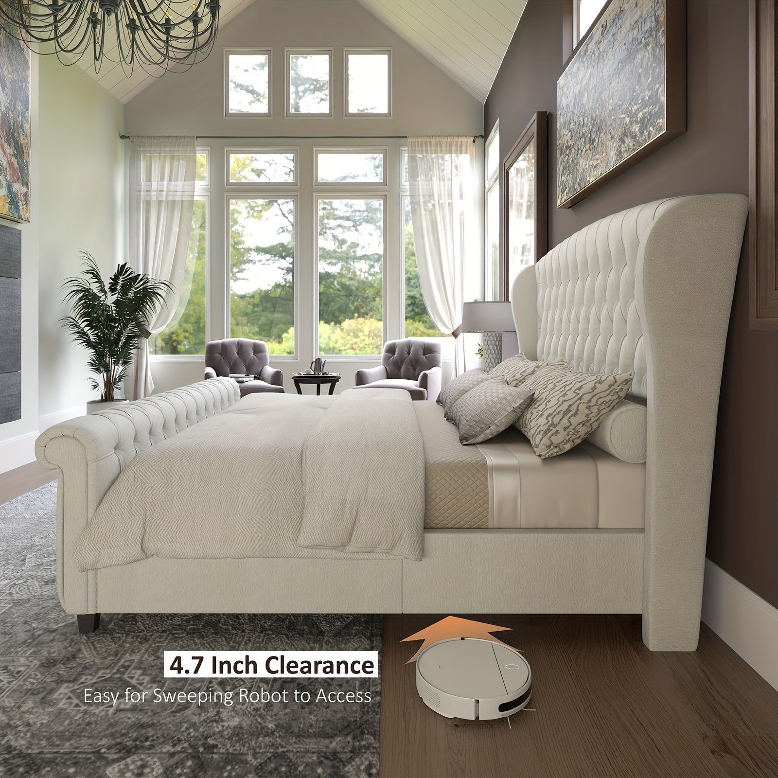 Chenille Upholstered Sleigh Platform Bed Frame – Scroll Wingback Headboard & Footboard with Button Tufted Design, No Box Spring Required