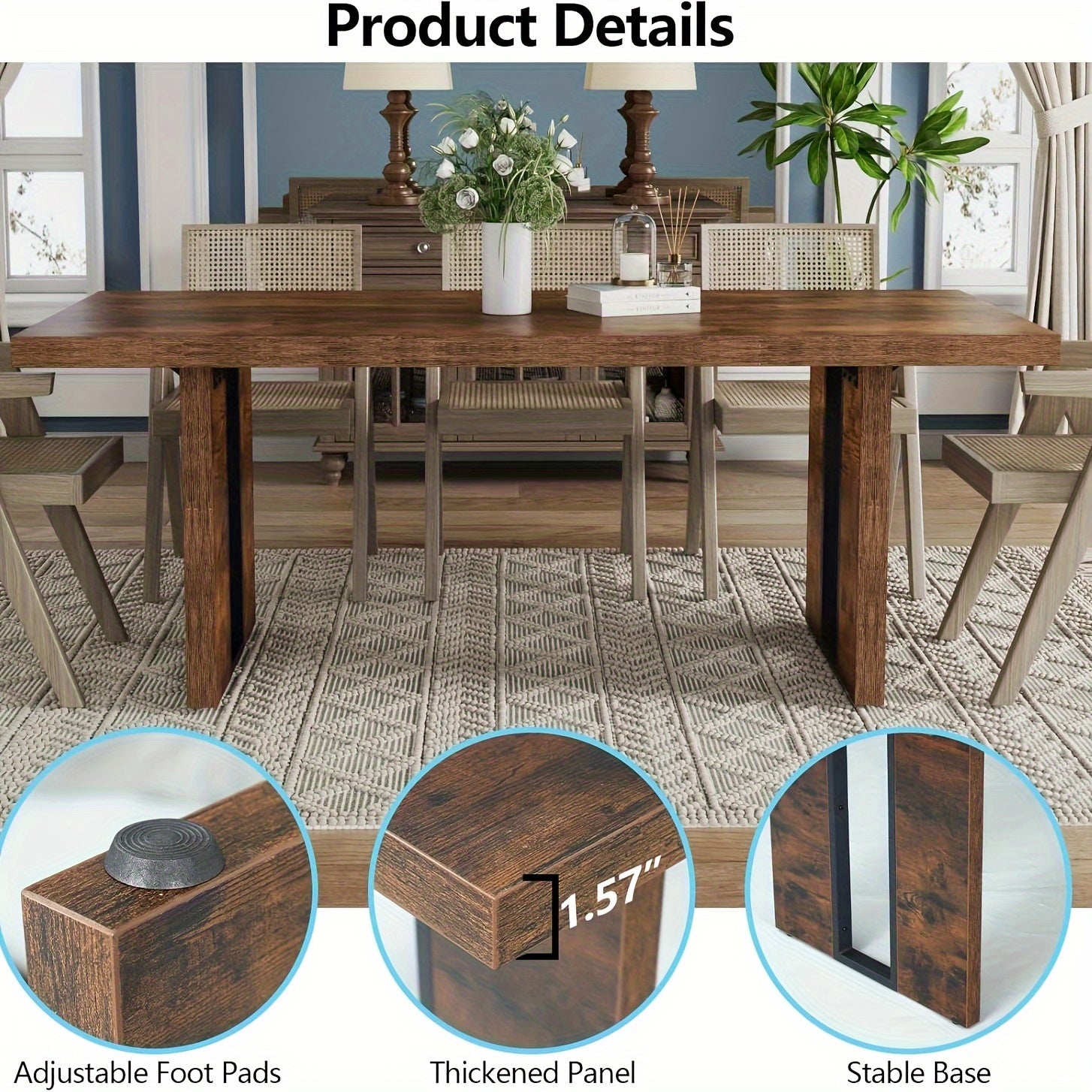 71" Rustic Farmhouse Dining Table - Large Rectangular Brown Table for 6-8 People, Thick Space-Saving Design & Heavy-Duty Legs, Easy Assembly Kitchen Table for Family Meals & Gatherings, Dining Room Table, Sturdy Construction