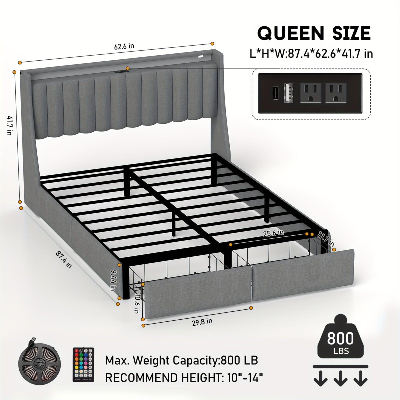 Full/Queen/King Upholstered Platform Bed Frame with LED Lights, 2 Storage Drawers, Charging Station & Button-Tufted Wingback Headboard – Dark Gray