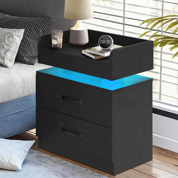 1PC & 2PCS LED Nightstand with Charging Station – Modern Black/White Bedside Table with 2 Drawers, Smart Side Table for Bedroom & Living Room
