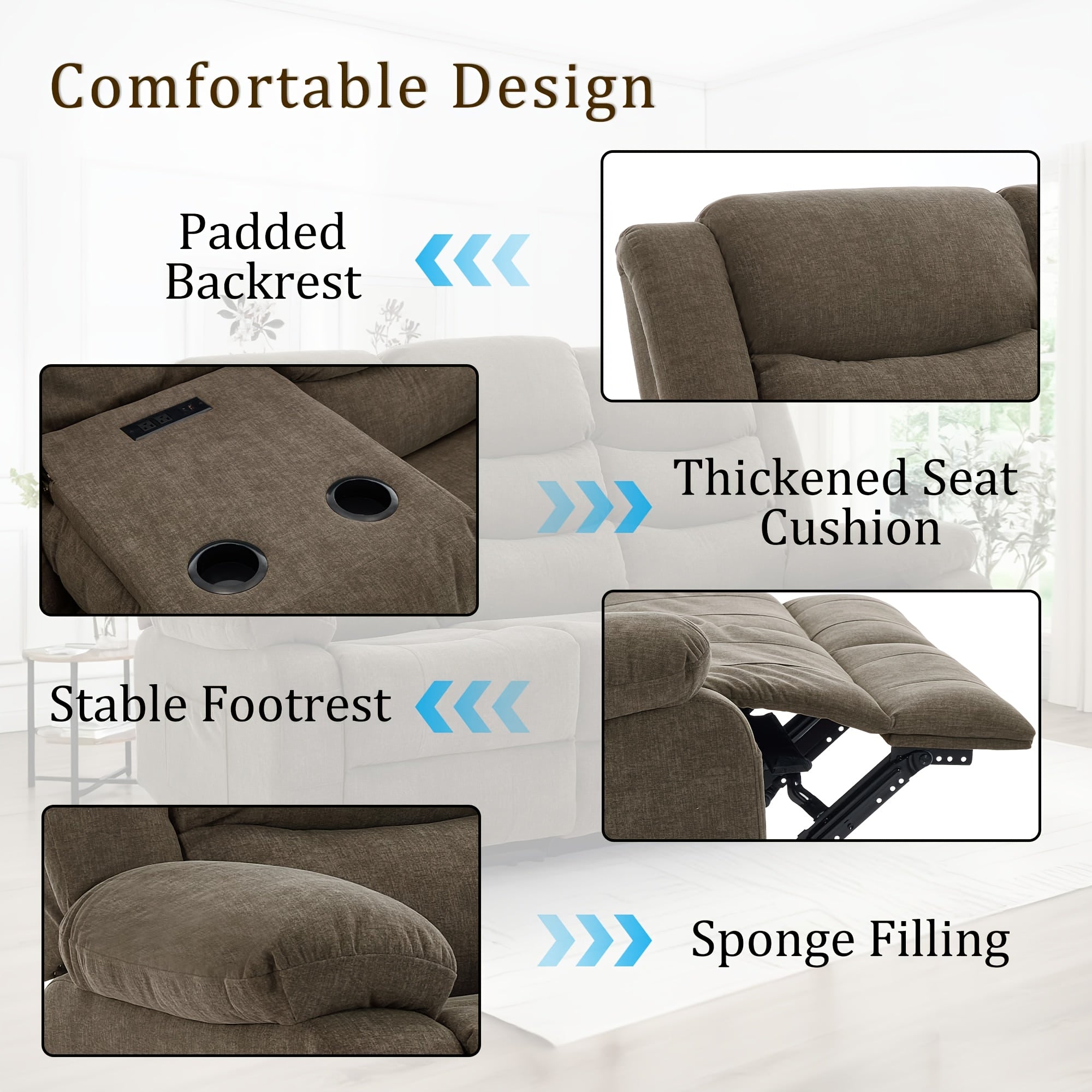 Brown Oversized Triple Chaise Lounge Sofa - Queen Size 3-Seater Manual Recliner Sofa with Plush Cashmere Upholstery, Front & Side Storage Pockets, Sturdy Iron Frame & Foam Padding - Classic Living Room Sofa for Large Spaces,