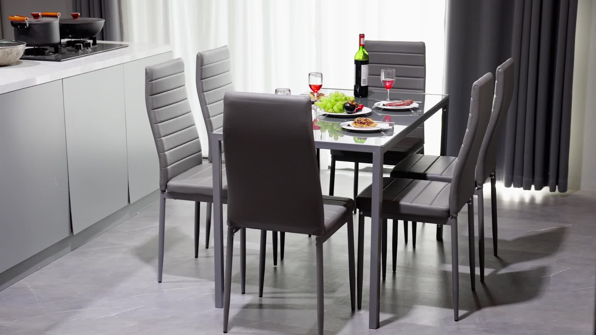 7-Piece Modern Glass Dining Table Set for 6 – PU Leather Chairs, Tempered Glass Top for Kitchen, Dining Room or Apartment
