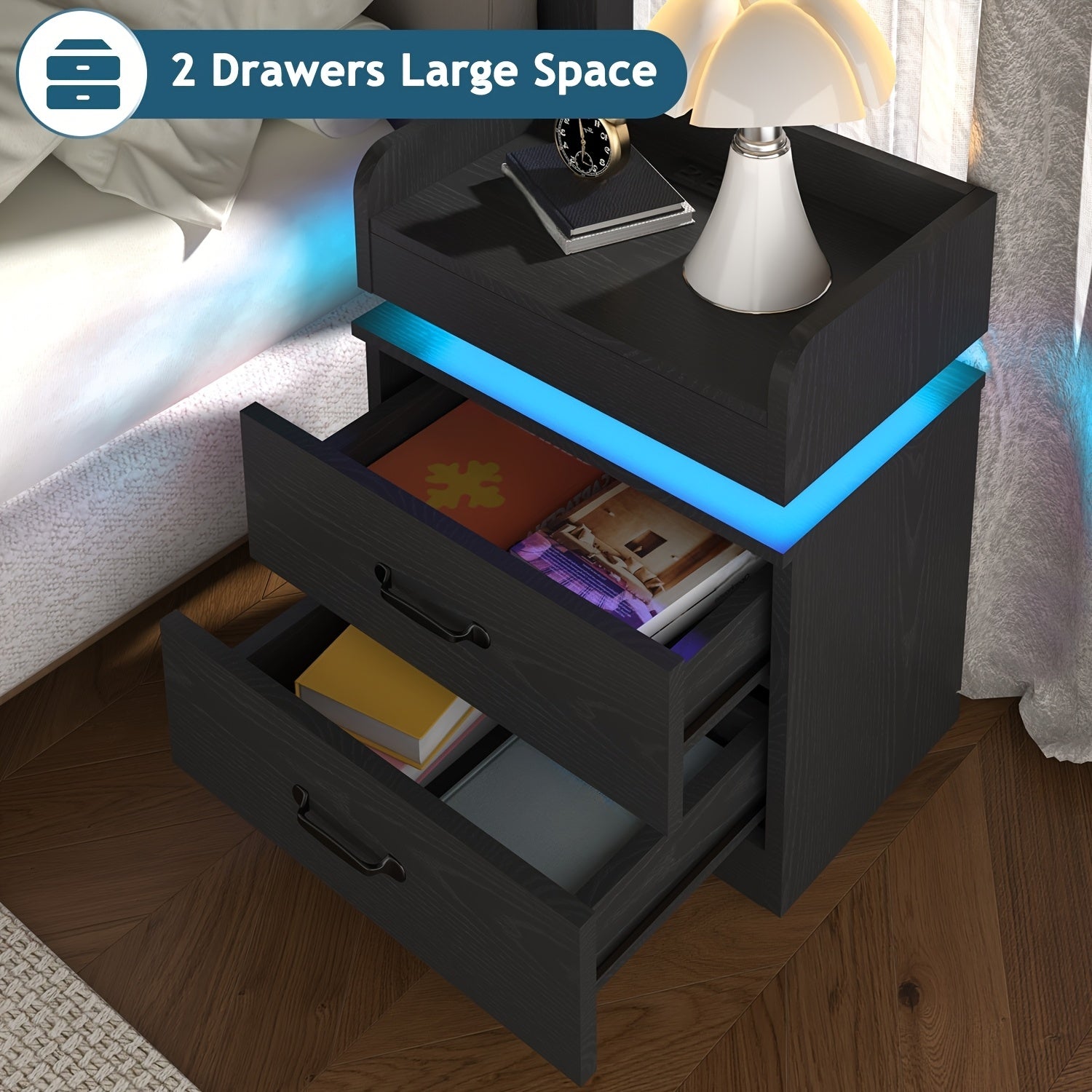 1PC & 2PCS LED Nightstand with Charging Station – Modern Black/White Bedside Table with 2 Drawers, Smart Side Table for Bedroom & Living Room