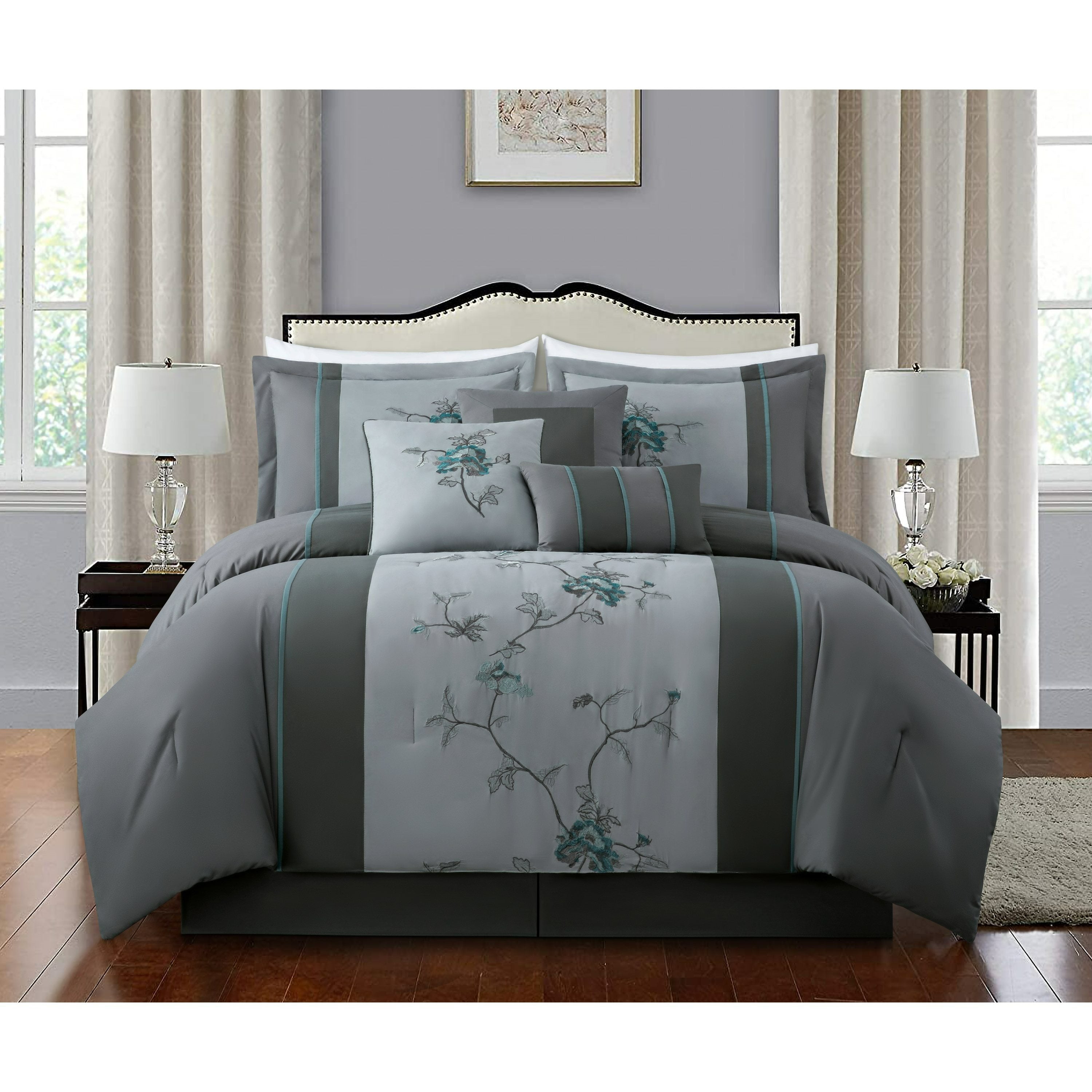 Vienna 7-Piece Embroidered Floral Comforter Set, California King/King/Queen/Full Sizes