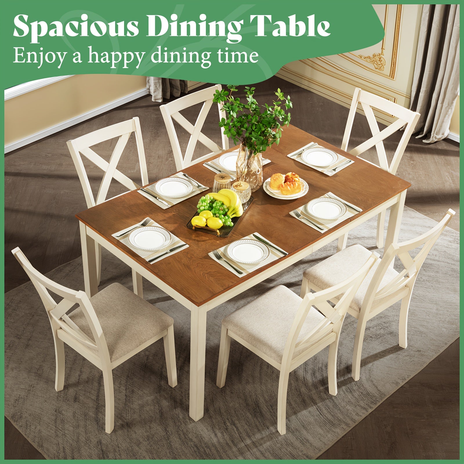 7-Piece Farmhouse Dining Set – 60" Solid Wood Dining Table with 6 Upholstered Chairs, Rustic Kitchen & Dining Room Furniture