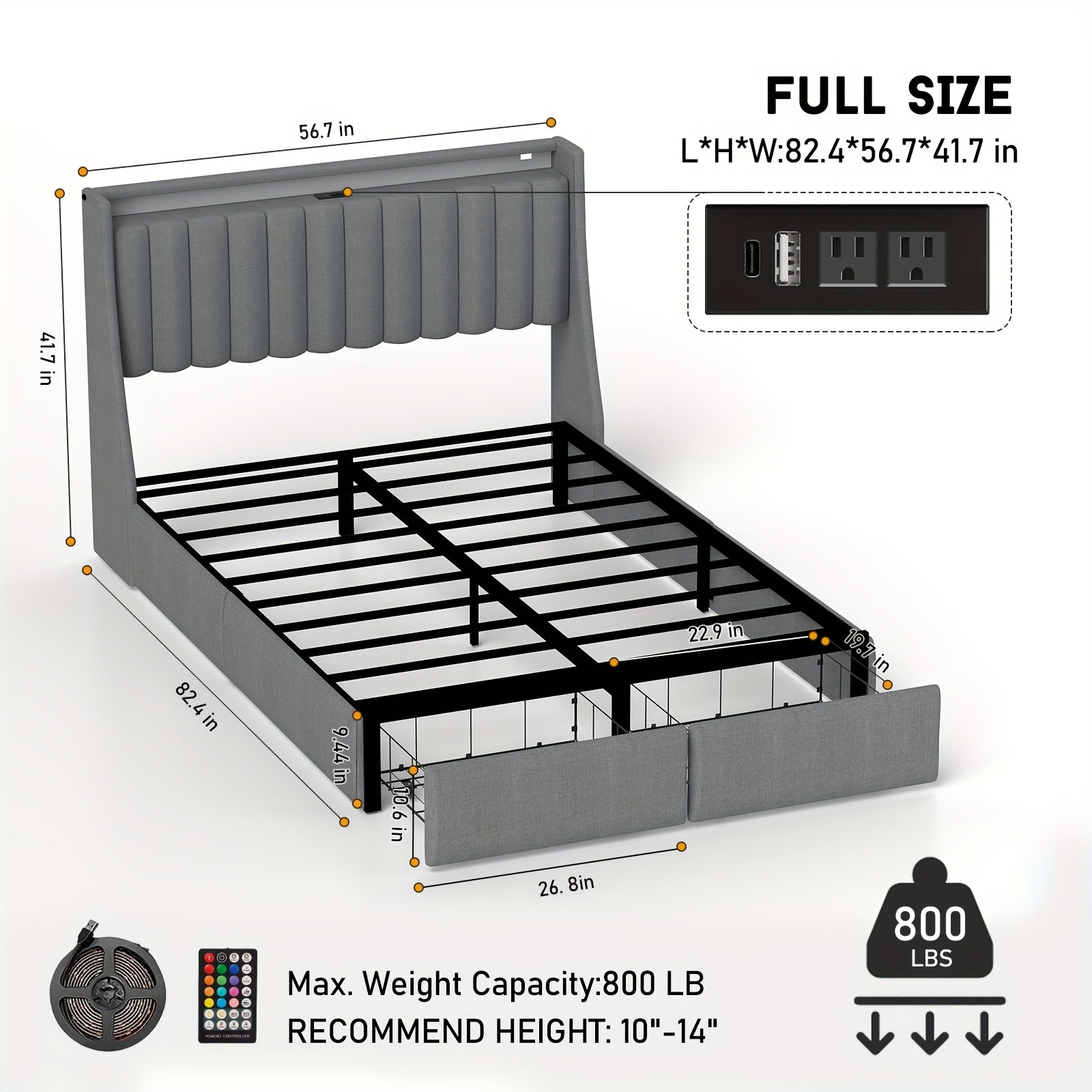 Full/Queen/King Upholstered Platform Bed Frame with LED Lights, 2 Storage Drawers, Charging Station & Button-Tufted Wingback Headboard – Dark Gray