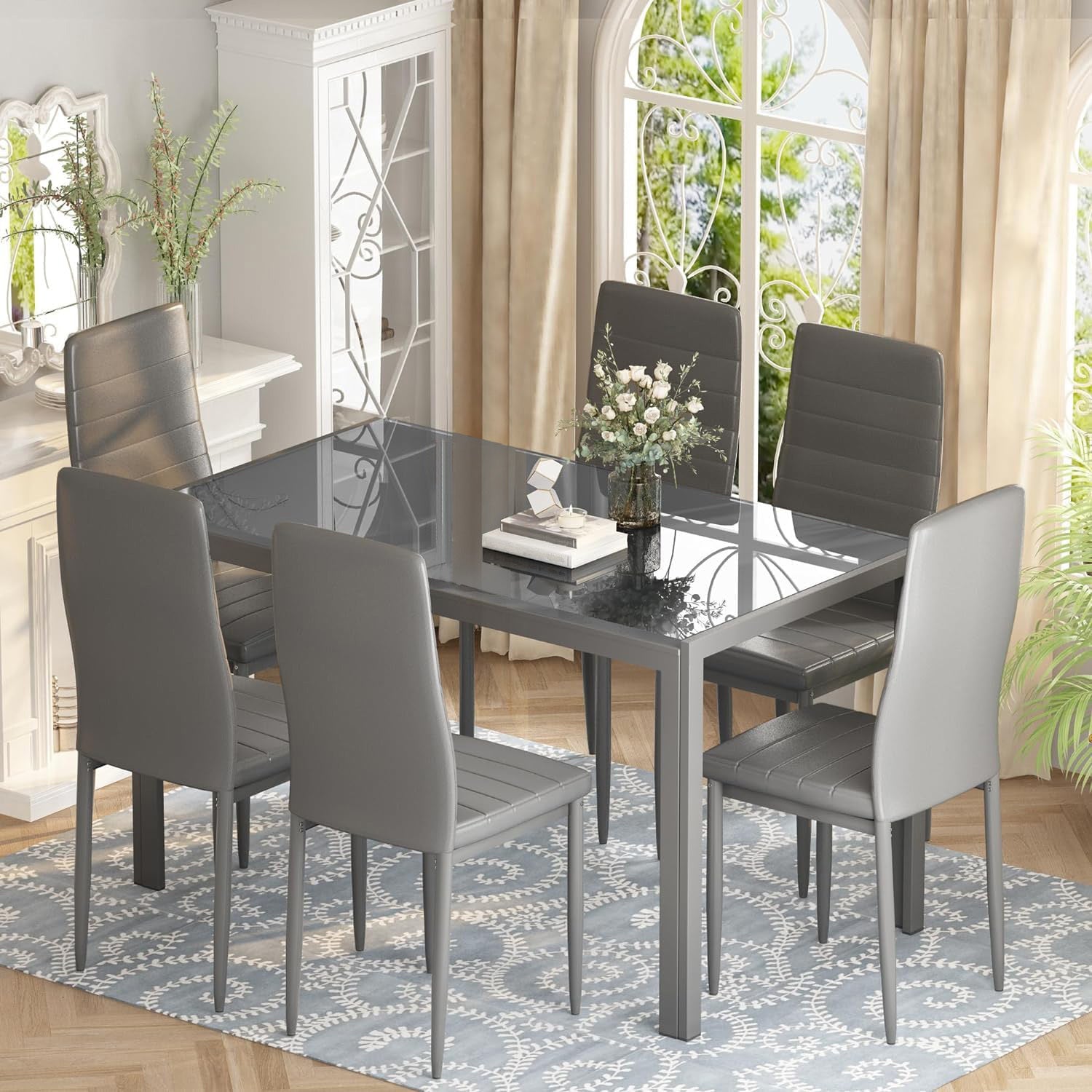 7-Piece Modern Glass Dining Table Set for 6 – PU Leather Chairs, Tempered Glass Top for Kitchen, Dining Room or Apartment
