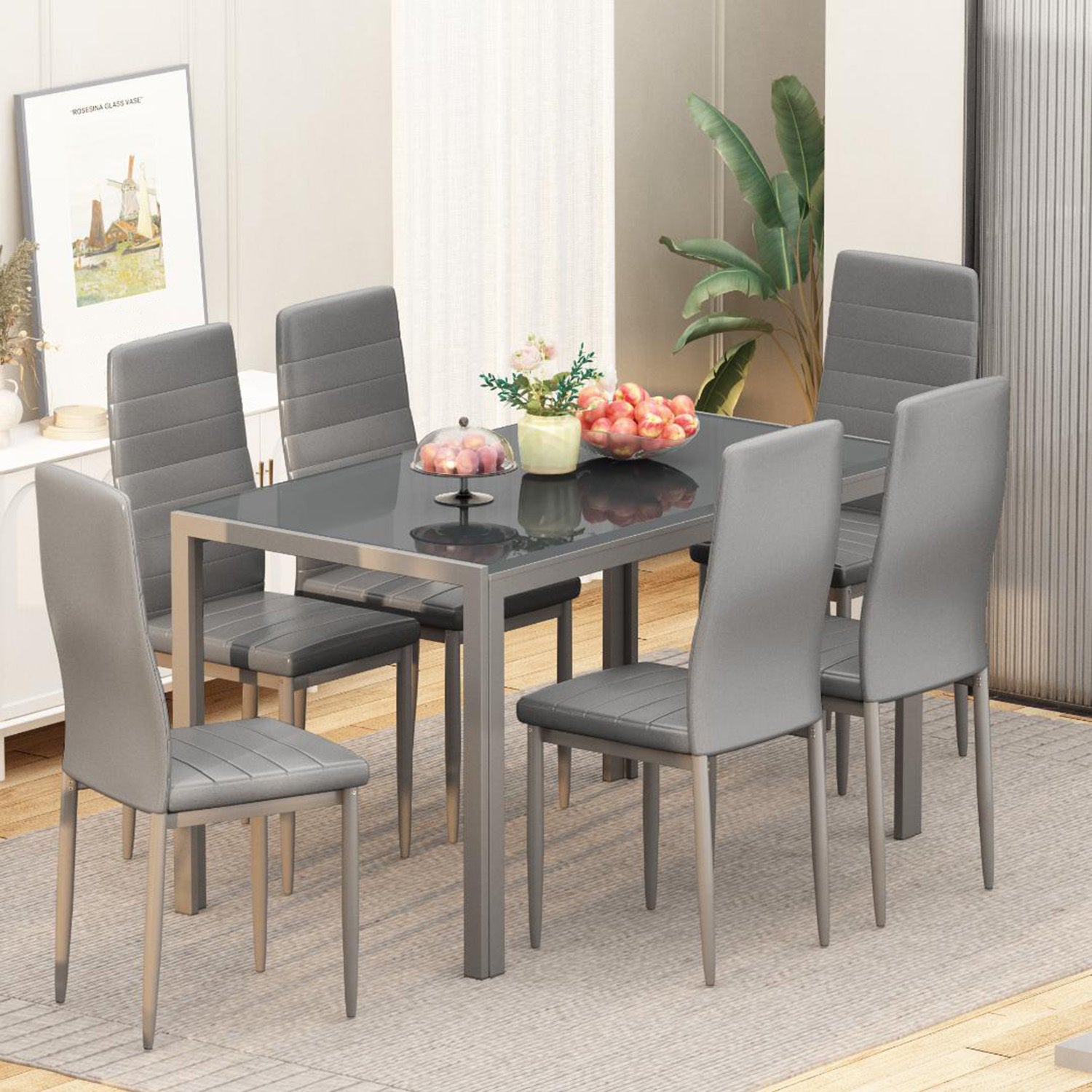7-Piece Modern Glass Dining Table Set for 6 – PU Leather Chairs, Tempered Glass Top for Kitchen, Dining Room or Apartment
