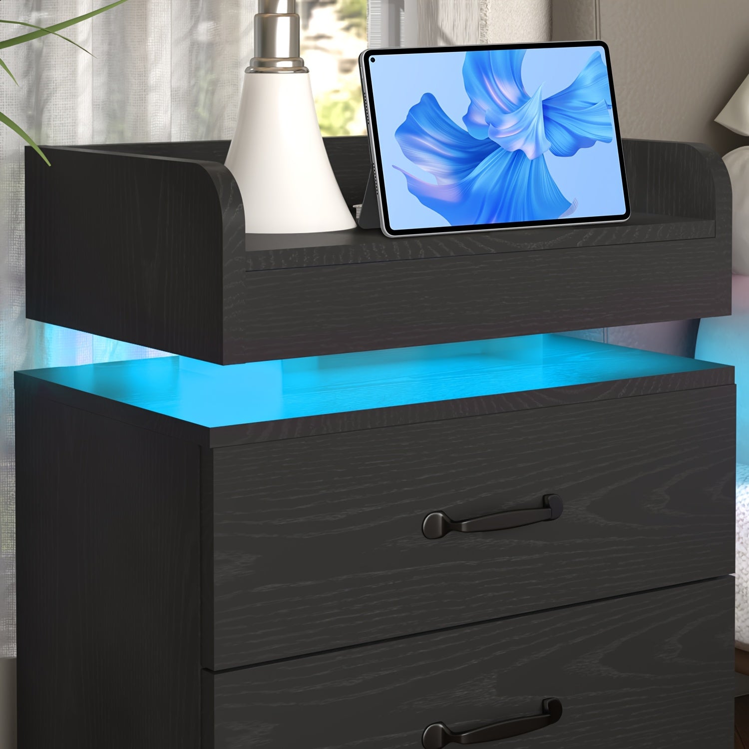 1PC & 2PCS LED Nightstand with Charging Station – Modern Black/White Bedside Table with 2 Drawers, Smart Side Table for Bedroom & Living Room