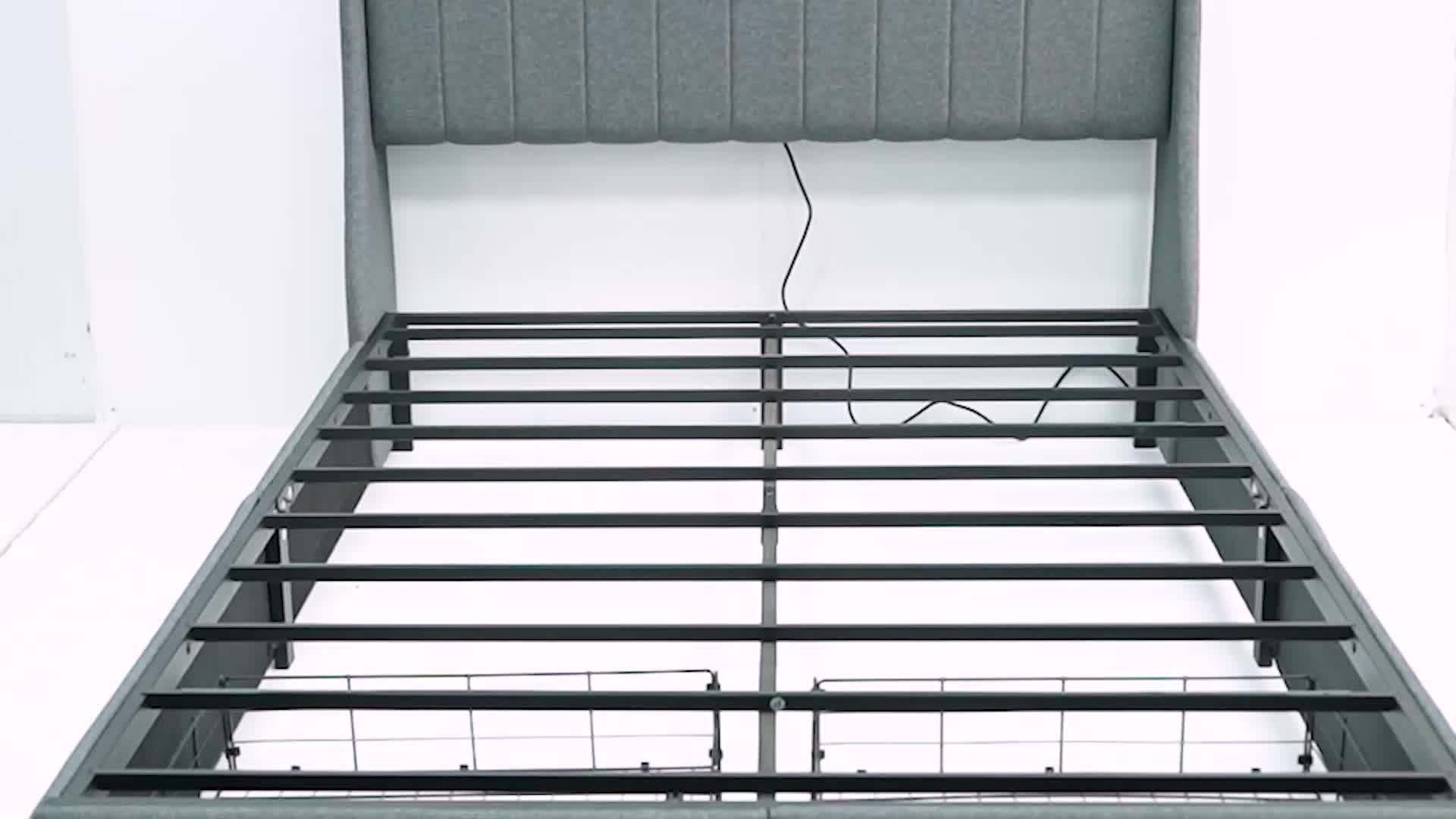 Full/Queen/King Upholstered Platform Bed Frame with LED Lights, 2 Storage Drawers, Charging Station & Button-Tufted Wingback Headboard – Dark Gray