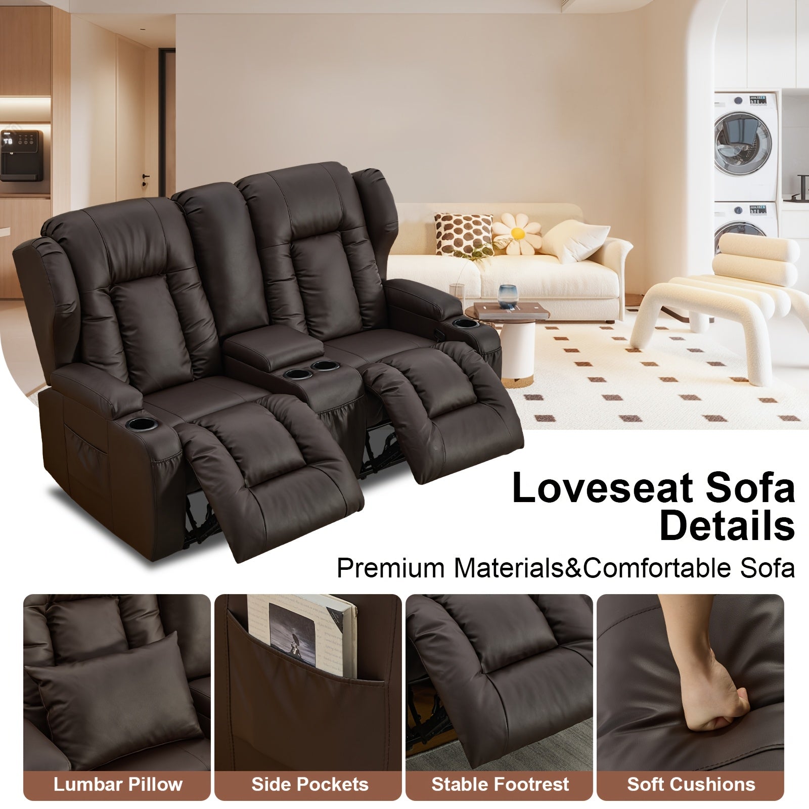 Brown Contemporary Faux Leather 2-Seater Loveseat Recliner Sofa with Console Storage, 4 Cup Holders & Side Pockets, Manual Reclining Home Theater Seating for Living Room or RV, Manual Recliner | Plush 2Seater | Luxury Comfort