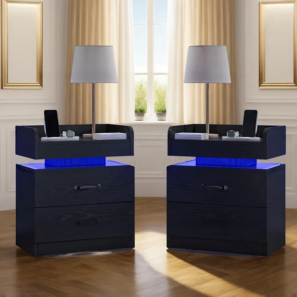 1PC & 2PCS LED Nightstand with Charging Station – Modern Black/White Bedside Table with 2 Drawers, Smart Side Table for Bedroom & Living Room
