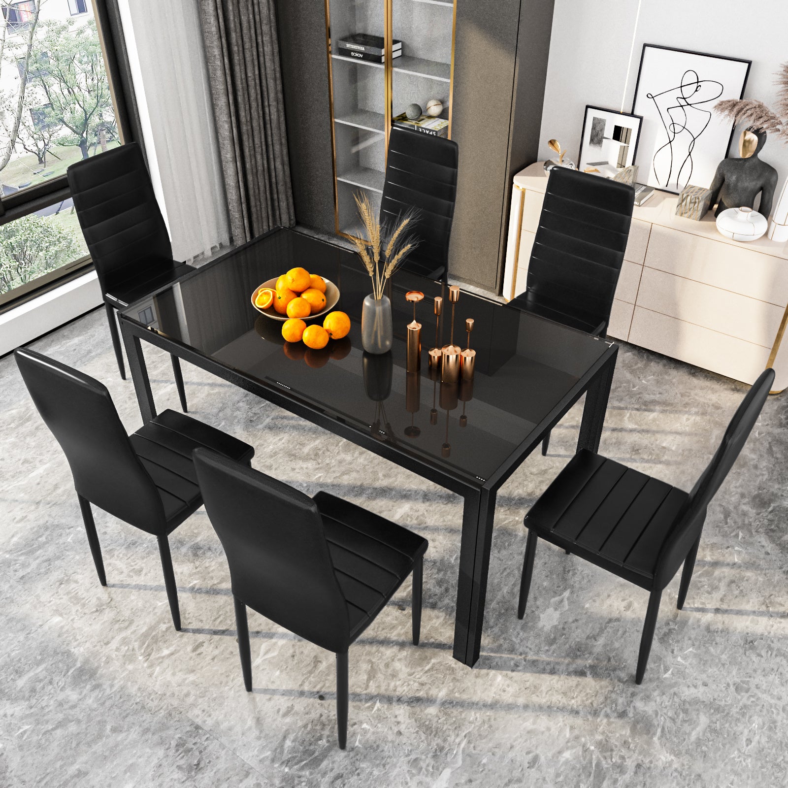 7-Piece Modern Glass Dining Table Set for 6 – PU Leather Chairs, Tempered Glass Top for Kitchen, Dining Room or Apartment