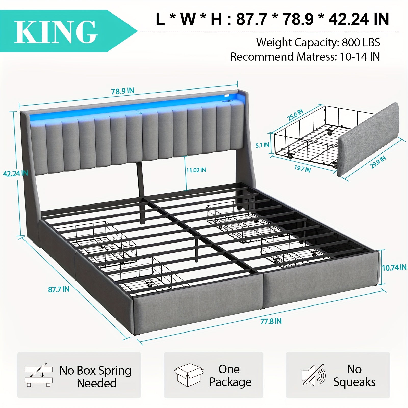 Full/Queen/King Upholstered Platform Bed Frame with LED Lights, 2 Storage Drawers, Charging Station & Button-Tufted Wingback Headboard – Dark Gray