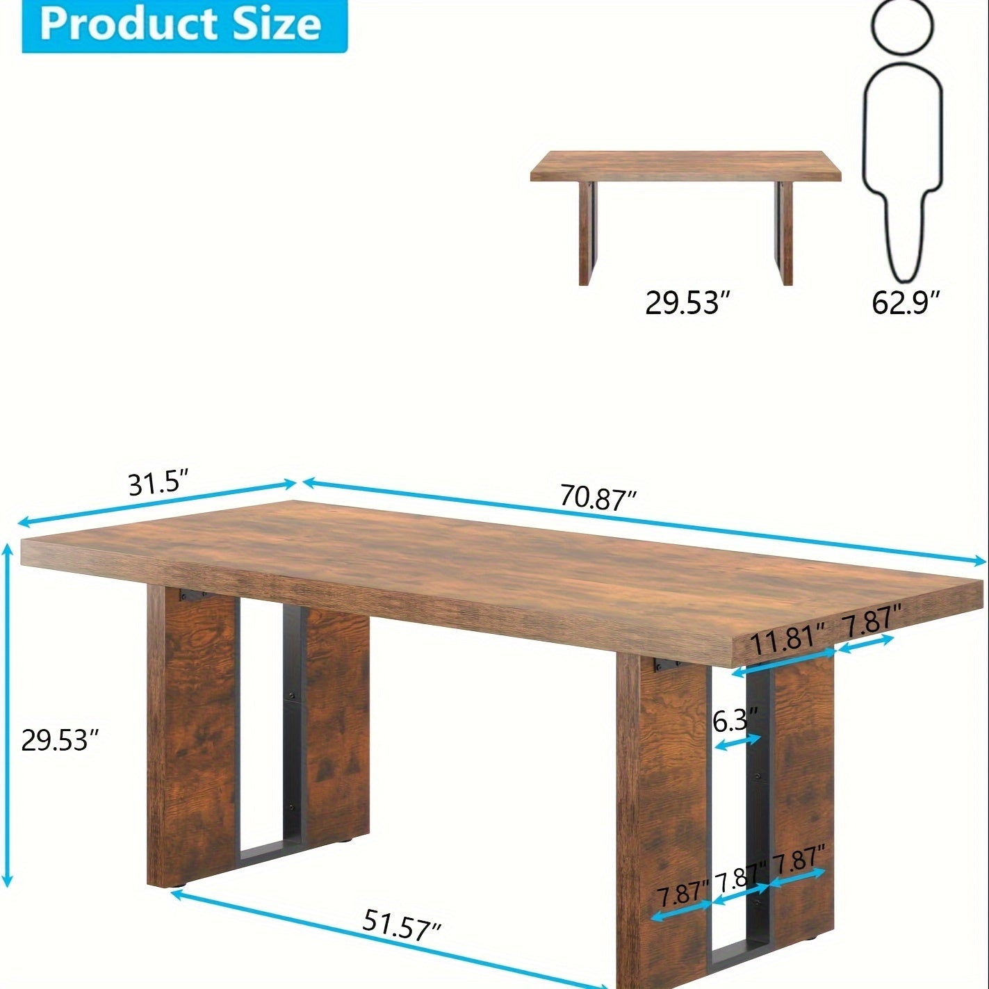 71" Rustic Farmhouse Dining Table - Large Rectangular Brown Table for 6-8 People, Thick Space-Saving Design & Heavy-Duty Legs, Easy Assembly Kitchen Table for Family Meals & Gatherings, Dining Room Table, Sturdy Construction