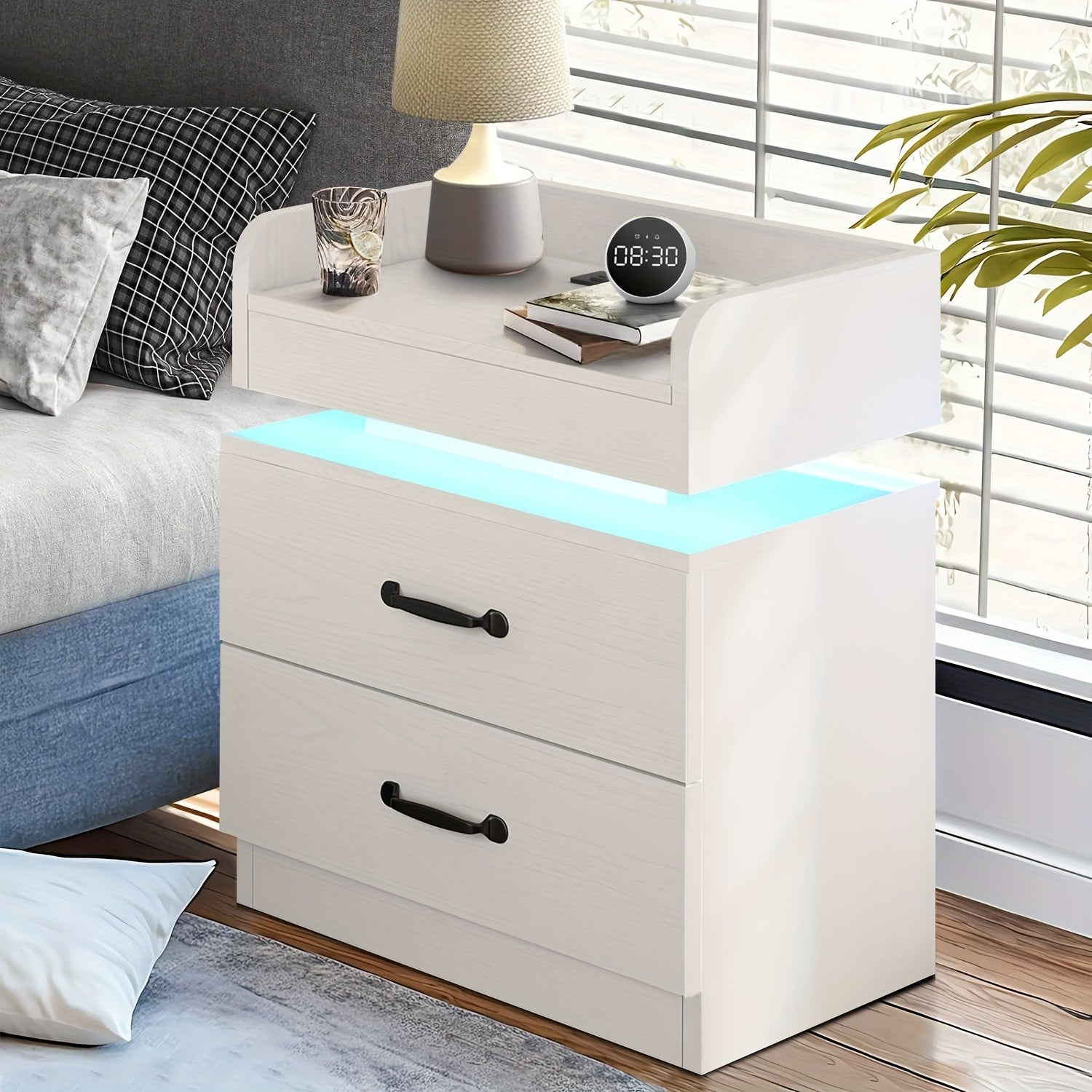 1PC & 2PCS LED Nightstand with Charging Station – Modern Black/White Bedside Table with 2 Drawers, Smart Side Table for Bedroom & Living Room