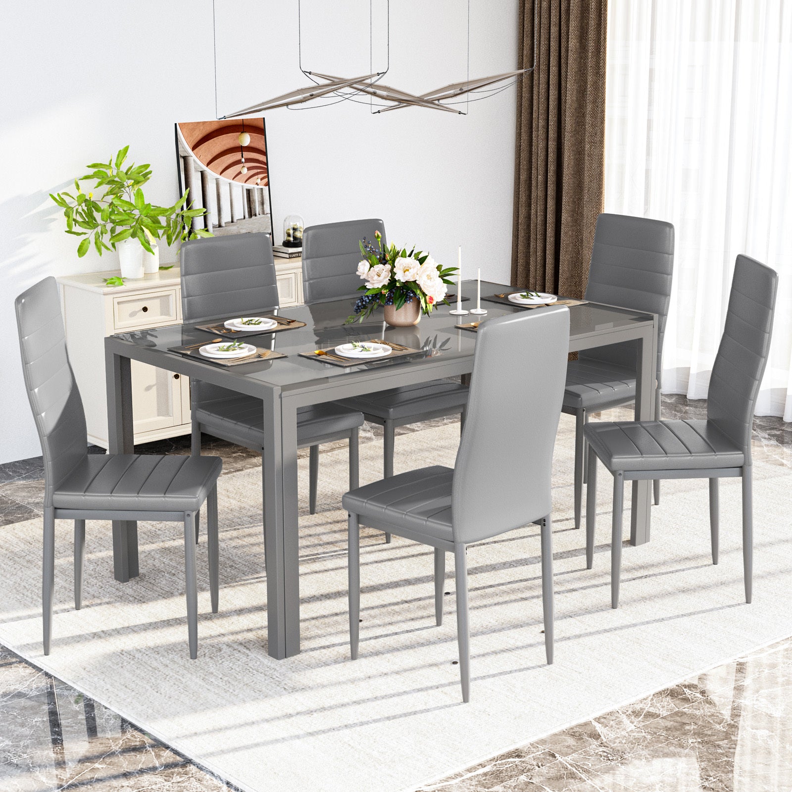 7-Piece Modern Glass Dining Table Set for 6 – PU Leather Chairs, Tempered Glass Top for Kitchen, Dining Room or Apartment
