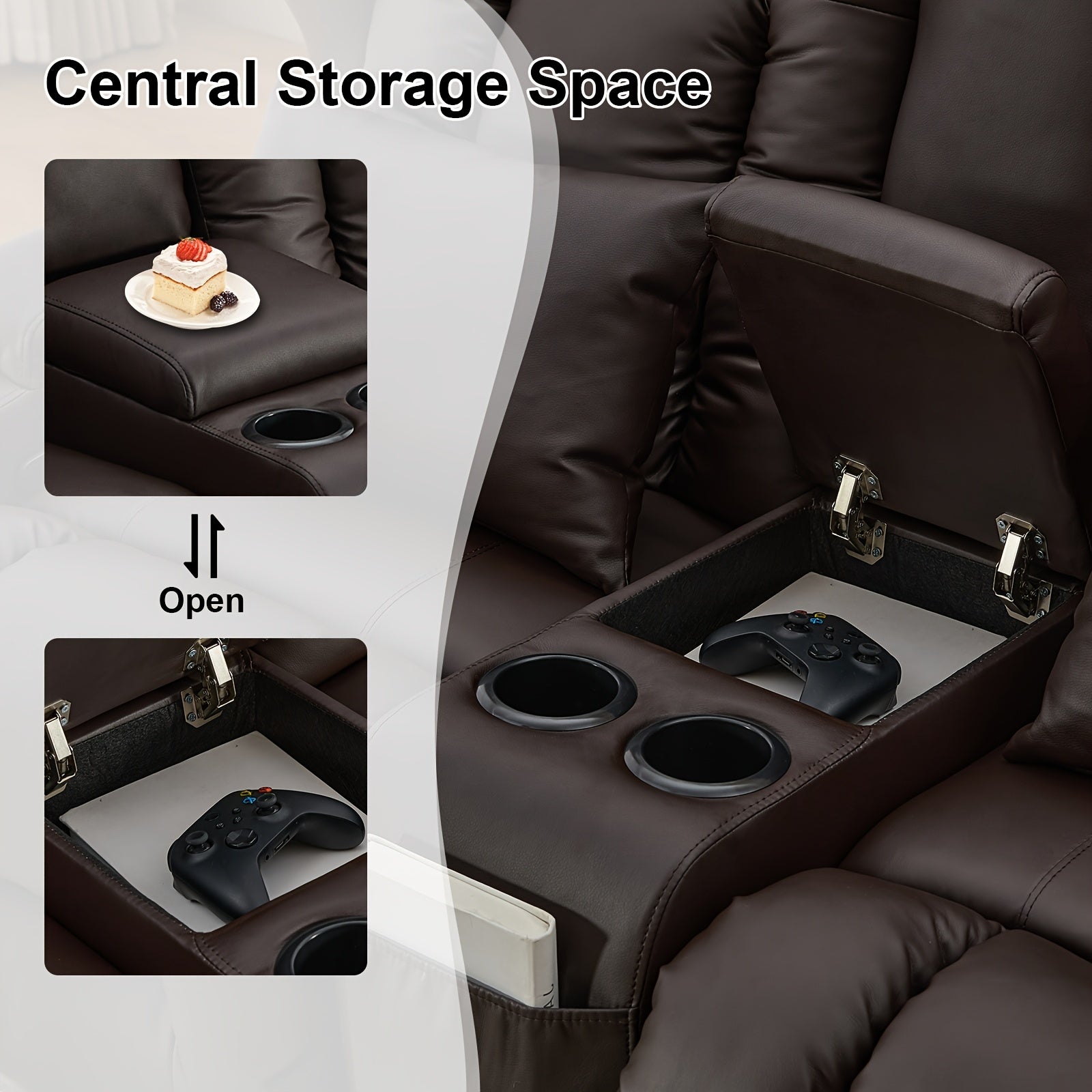 Brown Contemporary Faux Leather 2-Seater Loveseat Recliner Sofa with Console Storage, 4 Cup Holders & Side Pockets, Manual Reclining Home Theater Seating for Living Room or RV, Manual Recliner | Plush 2Seater | Luxury Comfort