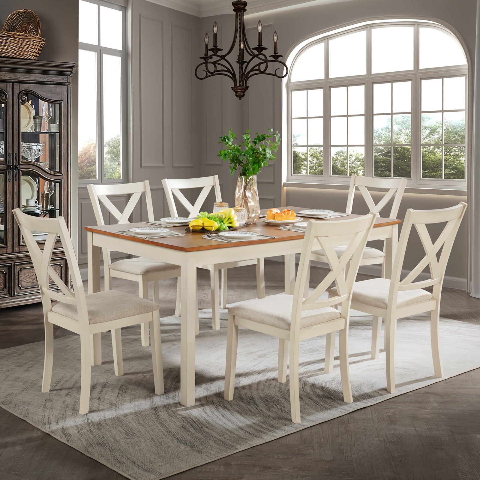 7-Piece Farmhouse Dining Set – 60" Solid Wood Dining Table with 6 Upholstered Chairs, Rustic Kitchen & Dining Room Furniture