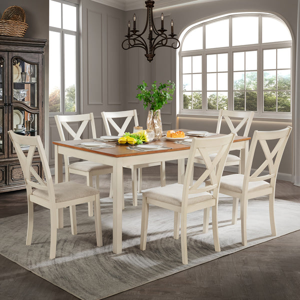 7-Piece Farmhouse Dining Set – 60" Solid Wood Dining Table with 6 Upholstered Chairs, Rustic Kitchen & Dining Room Furniture