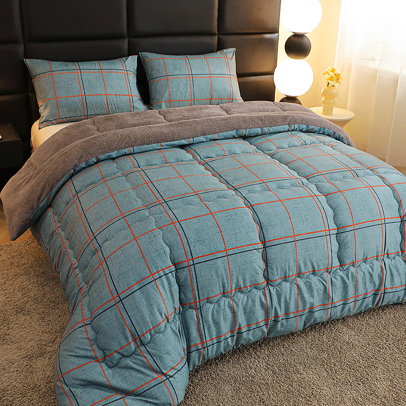 Plush Thick Winter Quilt – Soft Milk Velvet Blue Plaid Comforter, Extra Warm All-Season Bedding for Bedroom & Dorm, Machine Washable, Contemporary Geometric Design