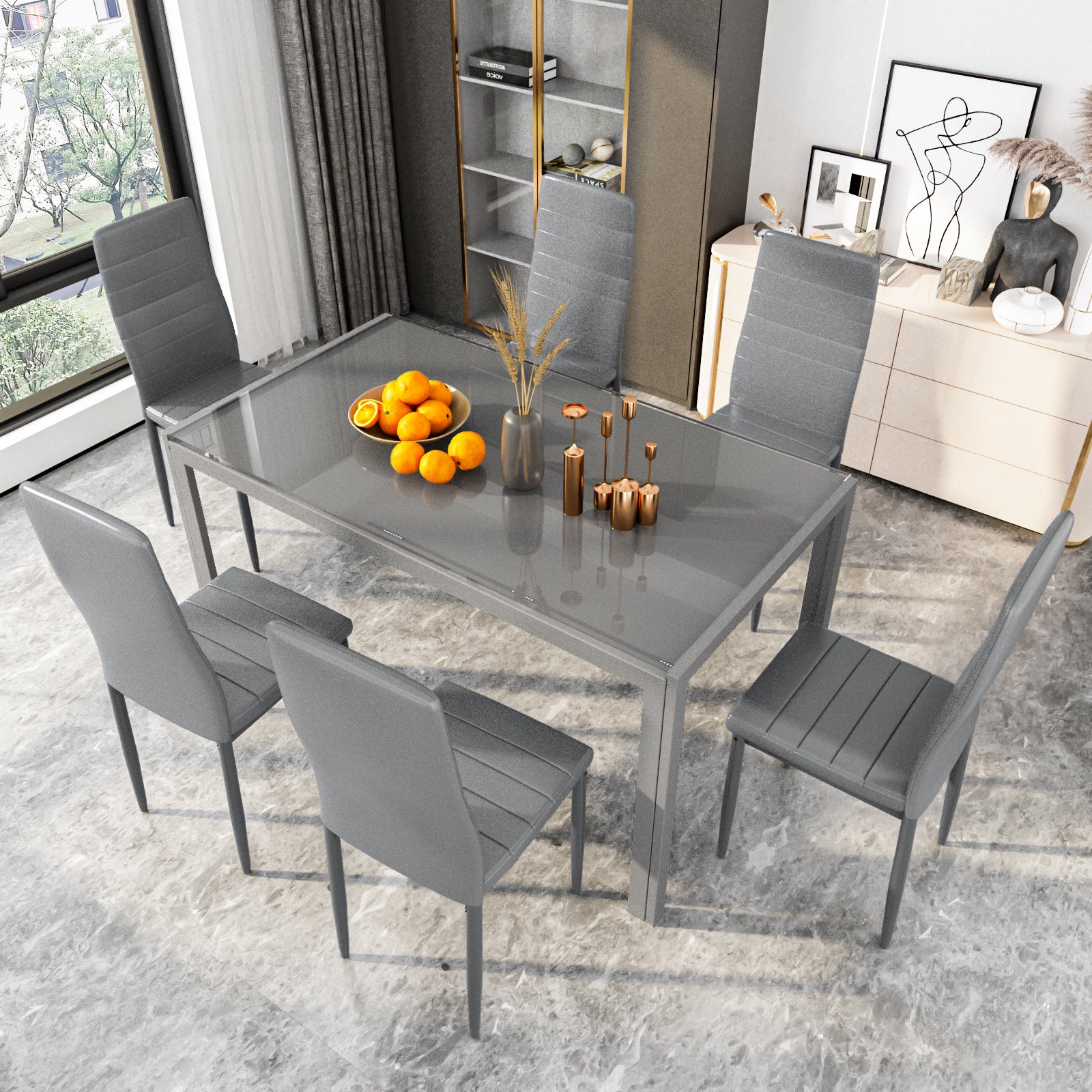 7-Piece Modern Glass Dining Table Set for 6 – PU Leather Chairs, Tempered Glass Top for Kitchen, Dining Room or Apartment