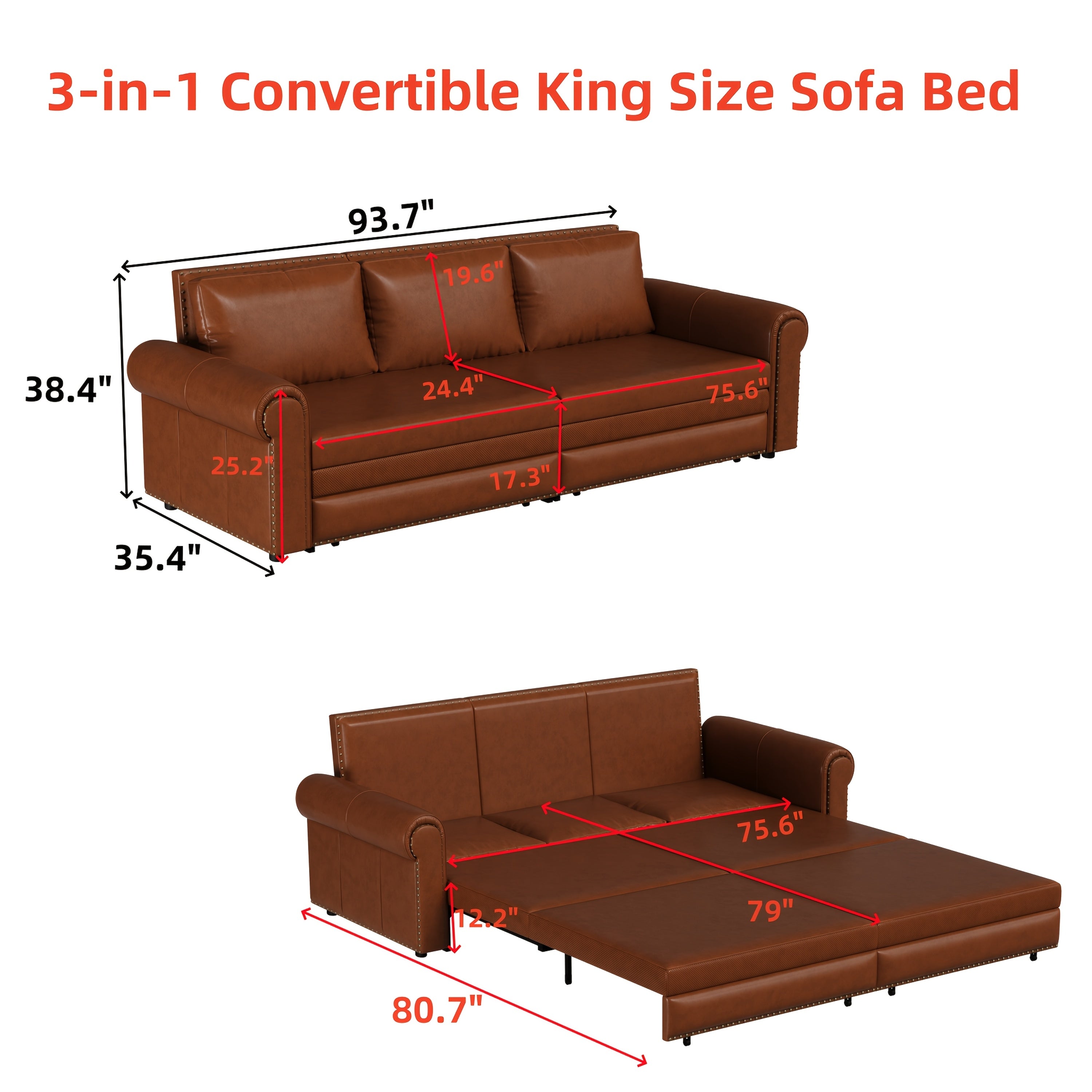 93.7" Chesterfield Sofa Bed King Size – 3-in-1 Convertible Pull-Out Sleeper Sofa with Rolled Arms & Nailhead Trim for Living Room