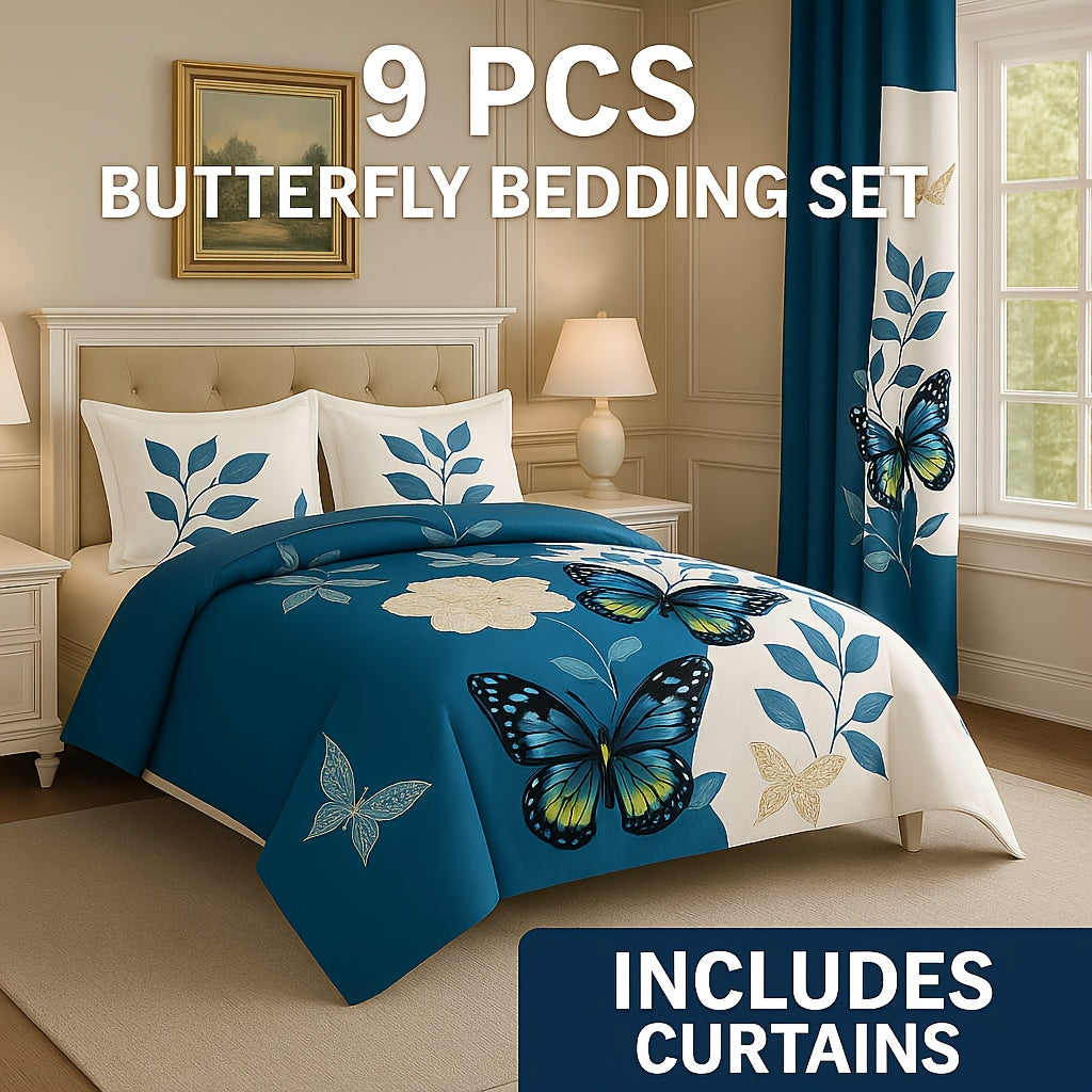 9pcs Boho Comforter Bedspread with Curtains, Brown Tribal & Blue Butterfly Bedding Set, Includes 1 Bedspread 2 Pillowcases And 6 Curtains.Queen/King/Cal King Size.Soft Breathable, Easy Care.Filling Inside.Mega.Ideal Gift for