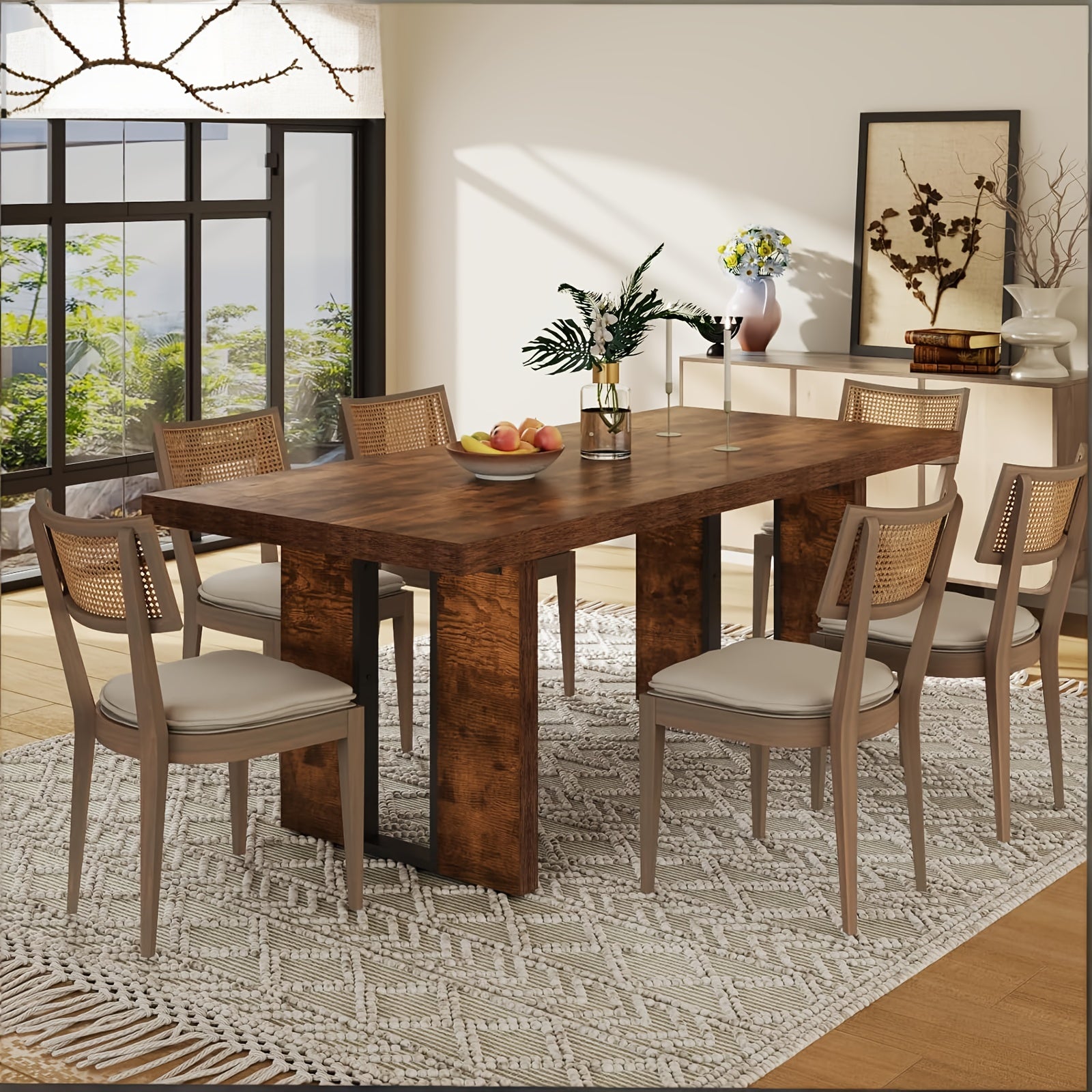 71" Rustic Farmhouse Dining Table - Large Rectangular Brown Table for 6-8 People, Thick Space-Saving Design & Heavy-Duty Legs, Easy Assembly Kitchen Table for Family Meals & Gatherings, Dining Room Table, Sturdy Construction