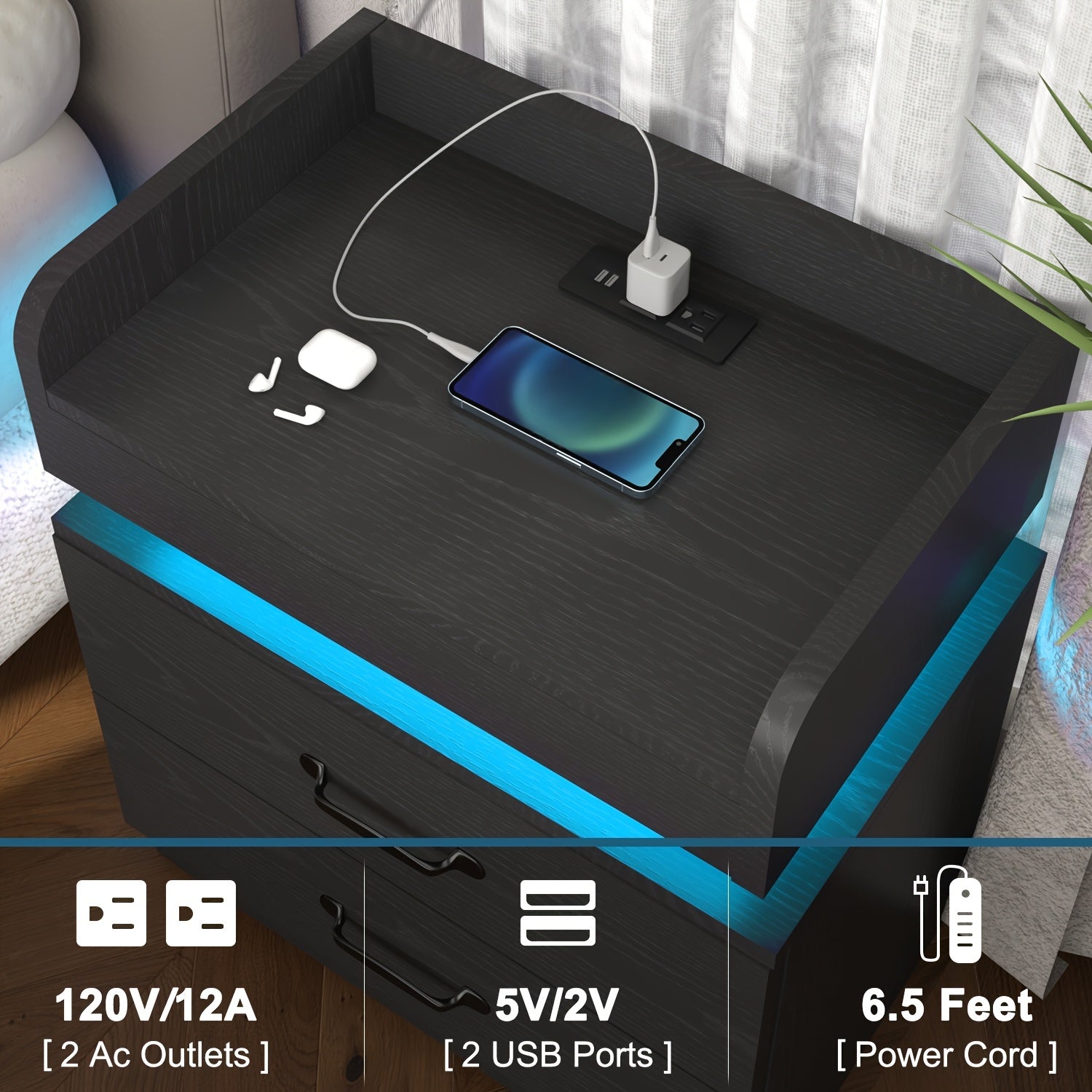 1PC & 2PCS LED Nightstand with Charging Station – Modern Black/White Bedside Table with 2 Drawers, Smart Side Table for Bedroom & Living Room