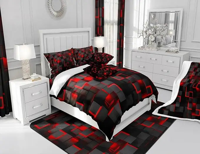 3D Honeycomb Geometric Durable Reversible 4-Piece Soft Lightweight Red Duvet Cover Set for All Seasons Bedroom Decor