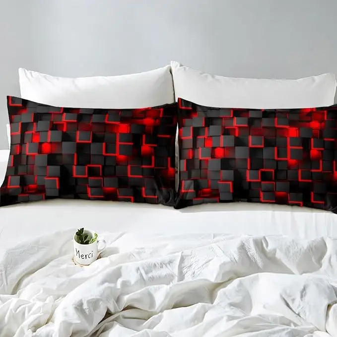3D Honeycomb Geometric Durable Reversible 4-Piece Soft Lightweight Red Duvet Cover Set for All Seasons Bedroom Decor