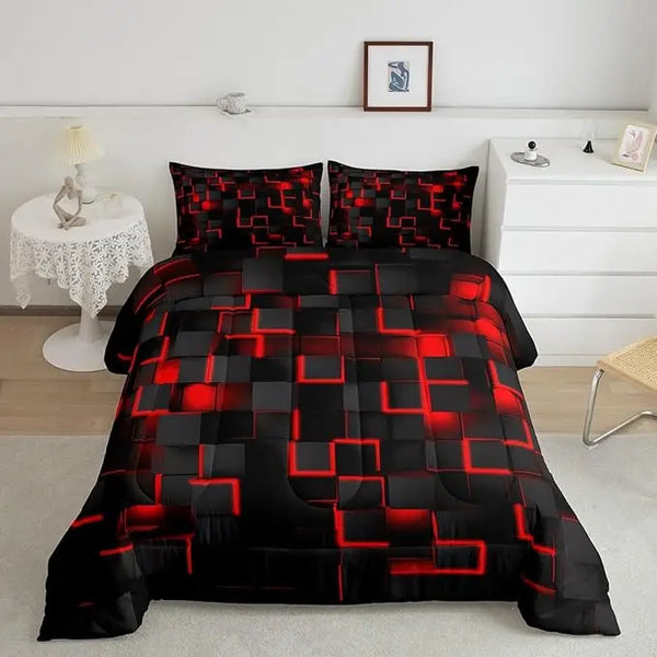 3D Honeycomb Geometric Durable Reversible 4-Piece Soft Lightweight Red Duvet Cover Set for All Seasons Bedroom Decor