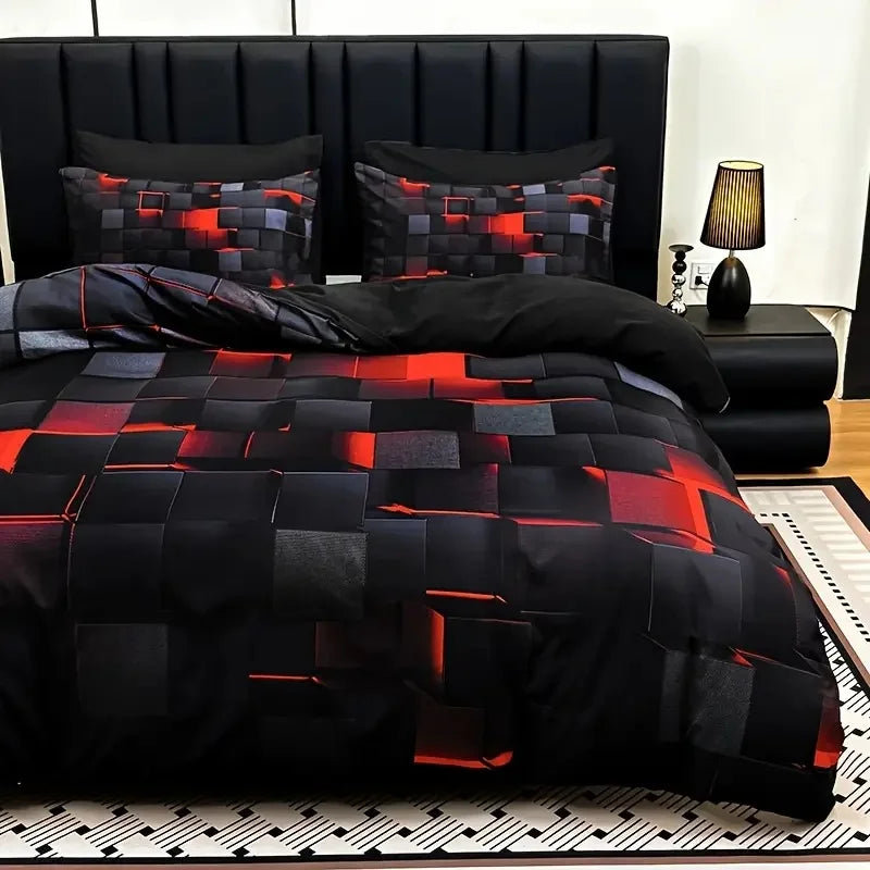 3D Honeycomb Geometric Durable Reversible 4-Piece Soft Lightweight Red Duvet Cover Set for All Seasons Bedroom Decor