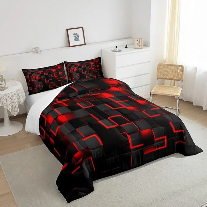 3D Honeycomb Geometric Durable Reversible 4-Piece Soft Lightweight Red Duvet Cover Set for All Seasons Bedroom Decor