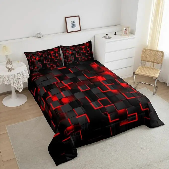3D Honeycomb Geometric Durable Reversible 4-Piece Soft Lightweight Red Duvet Cover Set for All Seasons Bedroom Decor