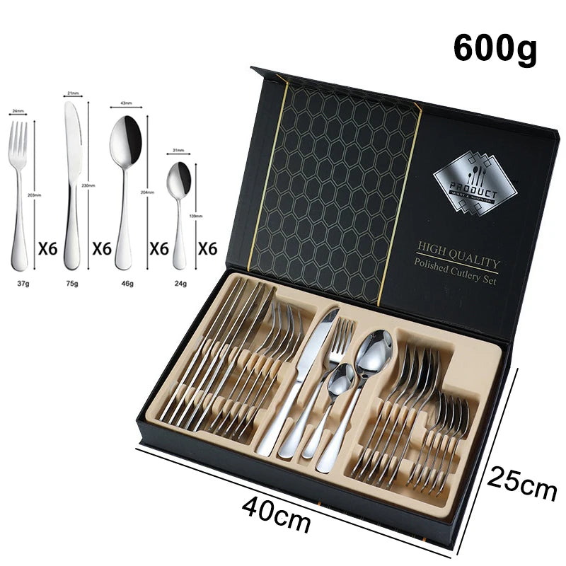 Custom Logo Gold Spoon and Fork Flatware Set Stainless Steel Cutlery Set With Box 24pcs Luxury Gift Gold Cutlery Set for Wedding