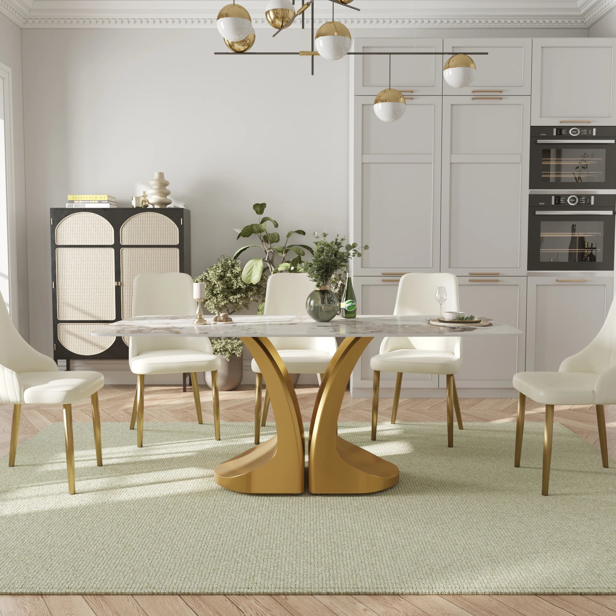 Voxhome US Drop Shipping Dining Room Furniture Luxury Rectangle Dining Table Sintered Stone Top Gold Base Dinner Table